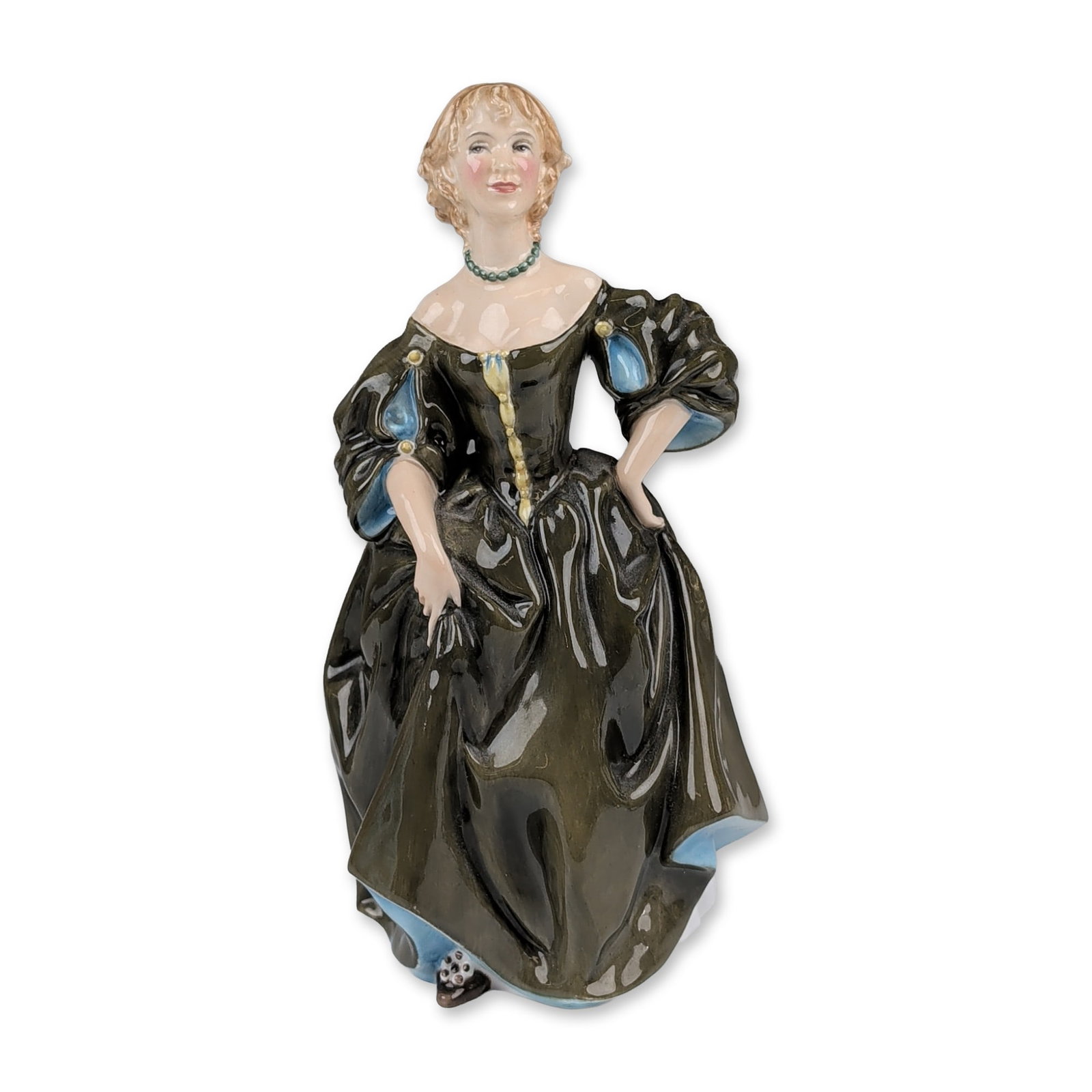 Royal Doulton by Mary Nicole Prototype Bone China Lady in an Olive-Green Dress Figurine: The figure is depicted in a standing pose wearing an olive green gown with blue puffed sleeve linings and a blue underskirt. Hand-painted details include a green bead necklace and blue accents in the 