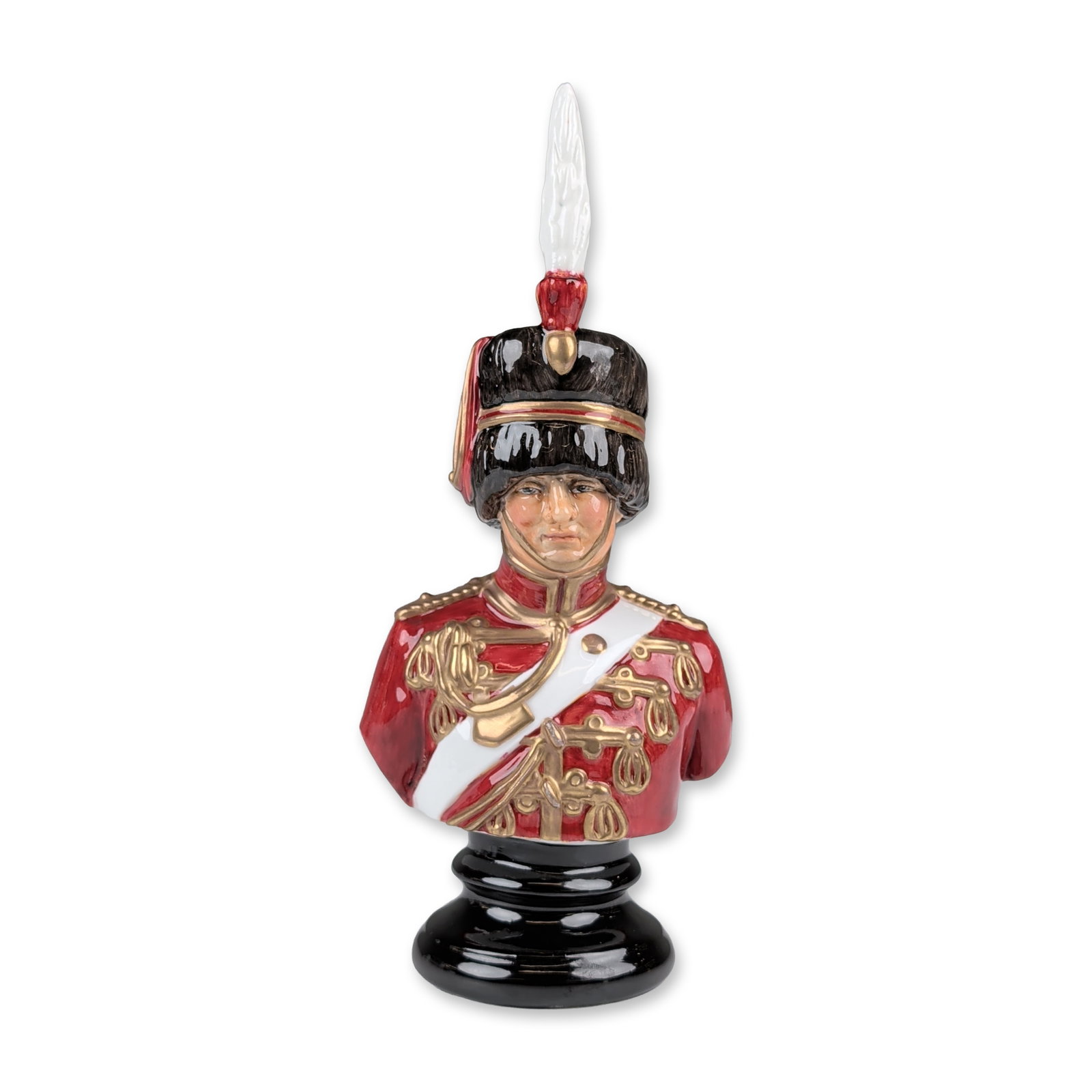 Michael Sutty Limited Edition Fine Bone China Military Bust: Michael Sutty fine china porcelain bust of a British military officer. The hand-painted figure is depicted in a scarlet tunic with gold lace frogging and white cross-belts. The officer wears a black f