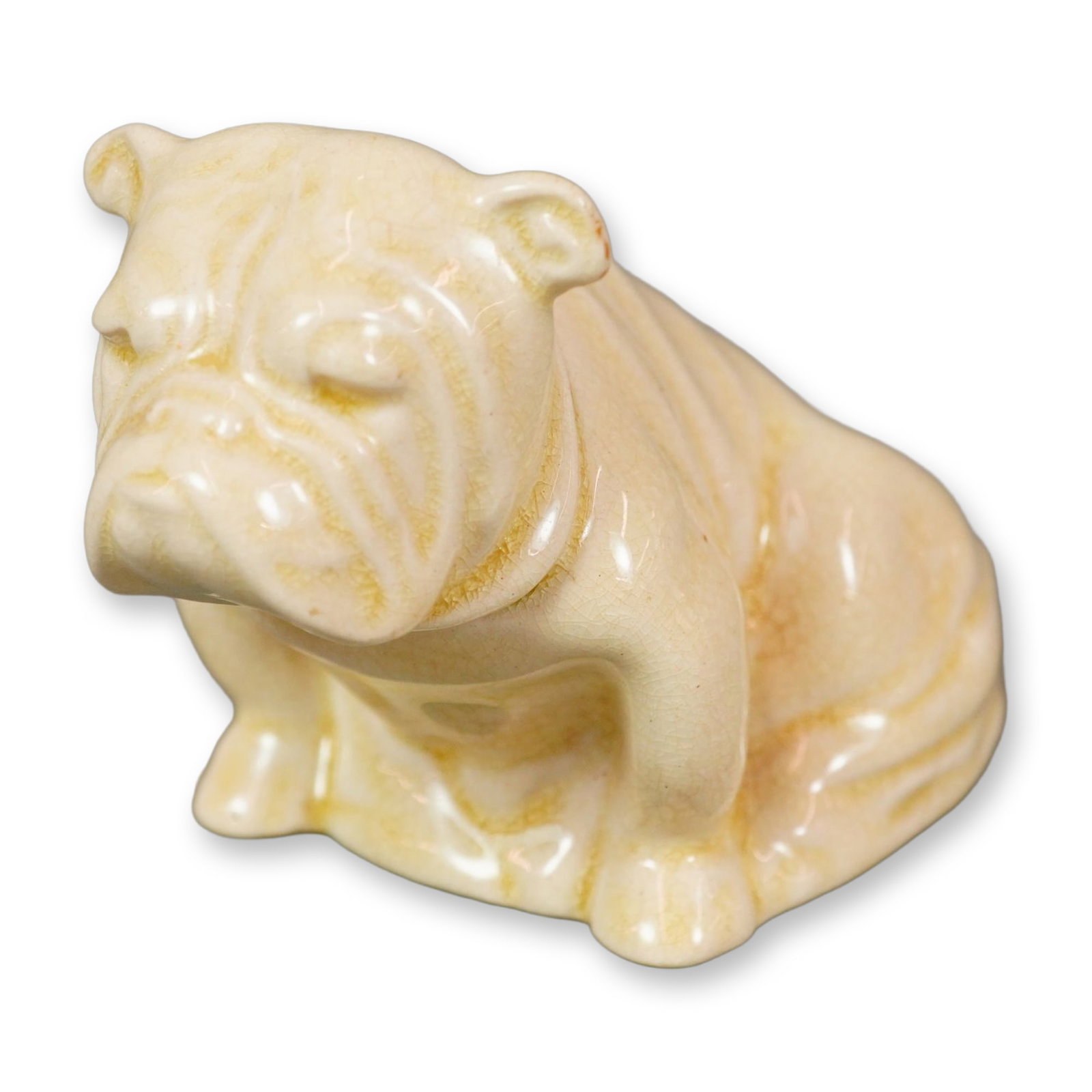Rare Royal Doulton Porcelain Undecorated White Figurine, Bulldog Draped in Union Jack D5913: All white figure of a seated bulldog draped with the Union Jack flag. Features a crackle glaze. Royal Doulton backstamp. Dimensions: 3.5"L x 2.25"W x 2.25"H Manufacturer or Brand: Royal Doulton Countr