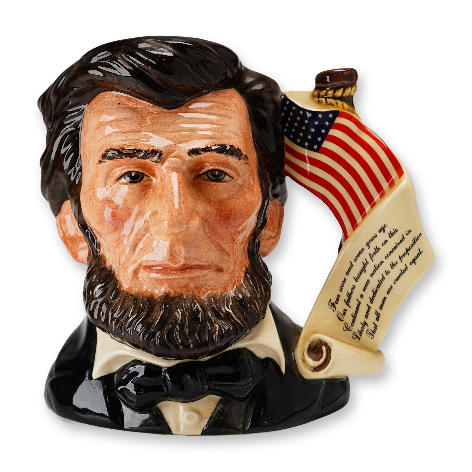 Royal Doulton Presidential Series Large Character Jug, Abraham Lincoln D6936: A limited edition jug issued in 1992 as part of the Presidential Series, commemorating Abraham Lincoln. He is portrayed with a contemplative expression and his distinctive beard. The handle features a