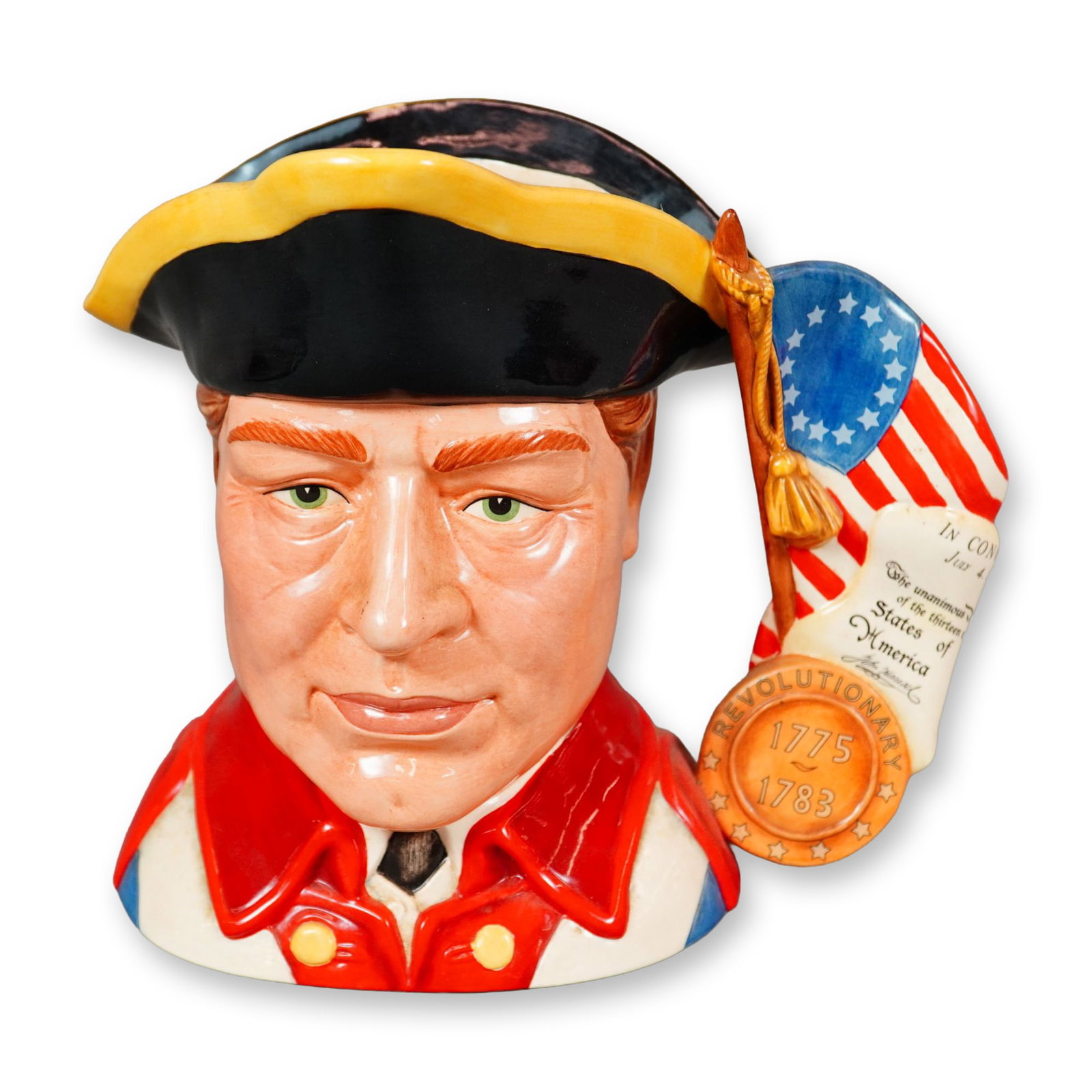 Royal Doulton Large Character Jug, Revolutionary War D7265: A large porcelain jug that depicts a revolutionary war solider in red with an American flag and the declaration of independence for the handle. Limited edition, 182 of 350. Royal Doulton backstamp. Di