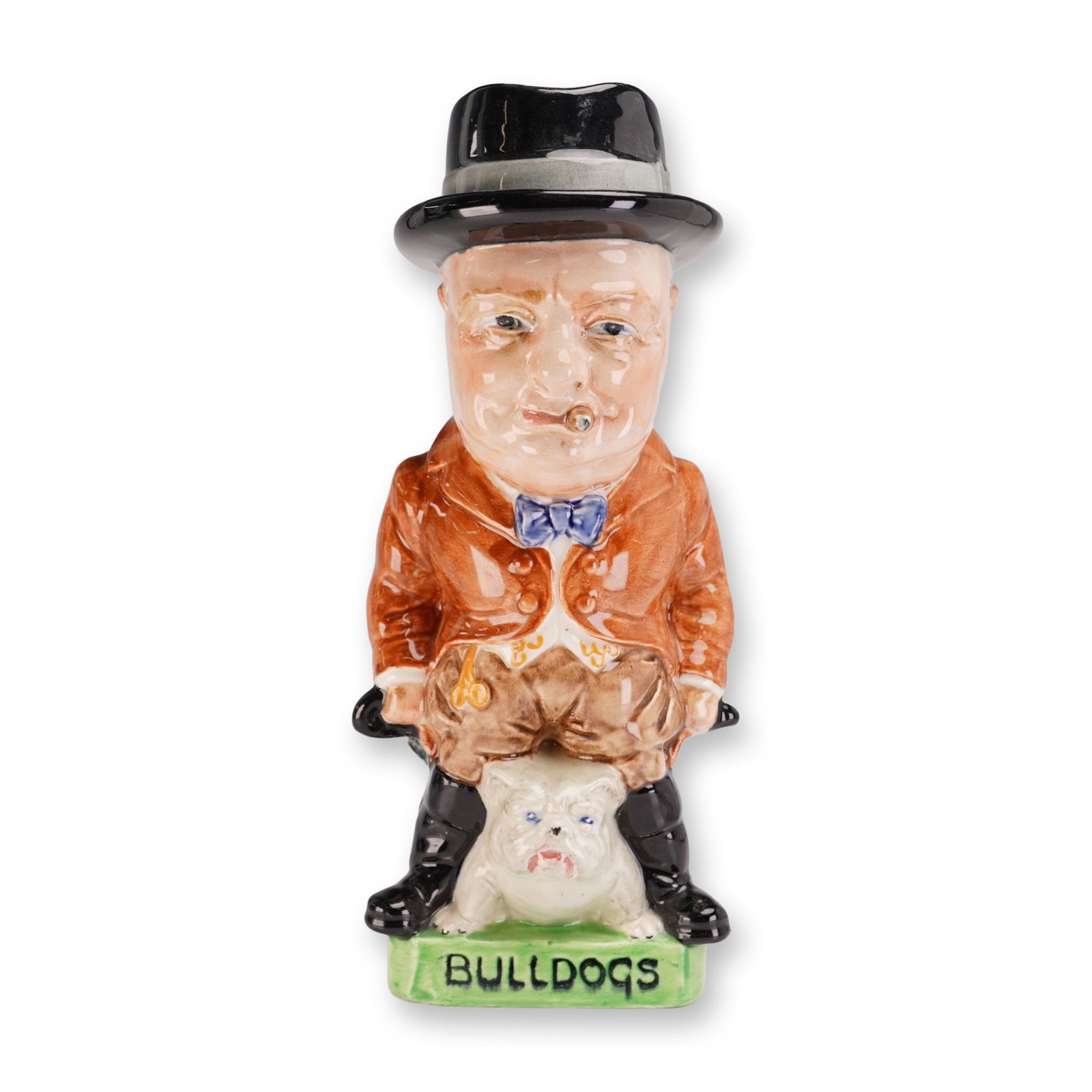 Burleigh Ware Ceramic Toby Jug, John Bull Churchill: Mid-20th century Burleigh Ware polychrome glazed ceramic character jug depicting Winston Churchill as John Bull. The figure is modeled standing with a white bulldog between his legs, wearing a brown o