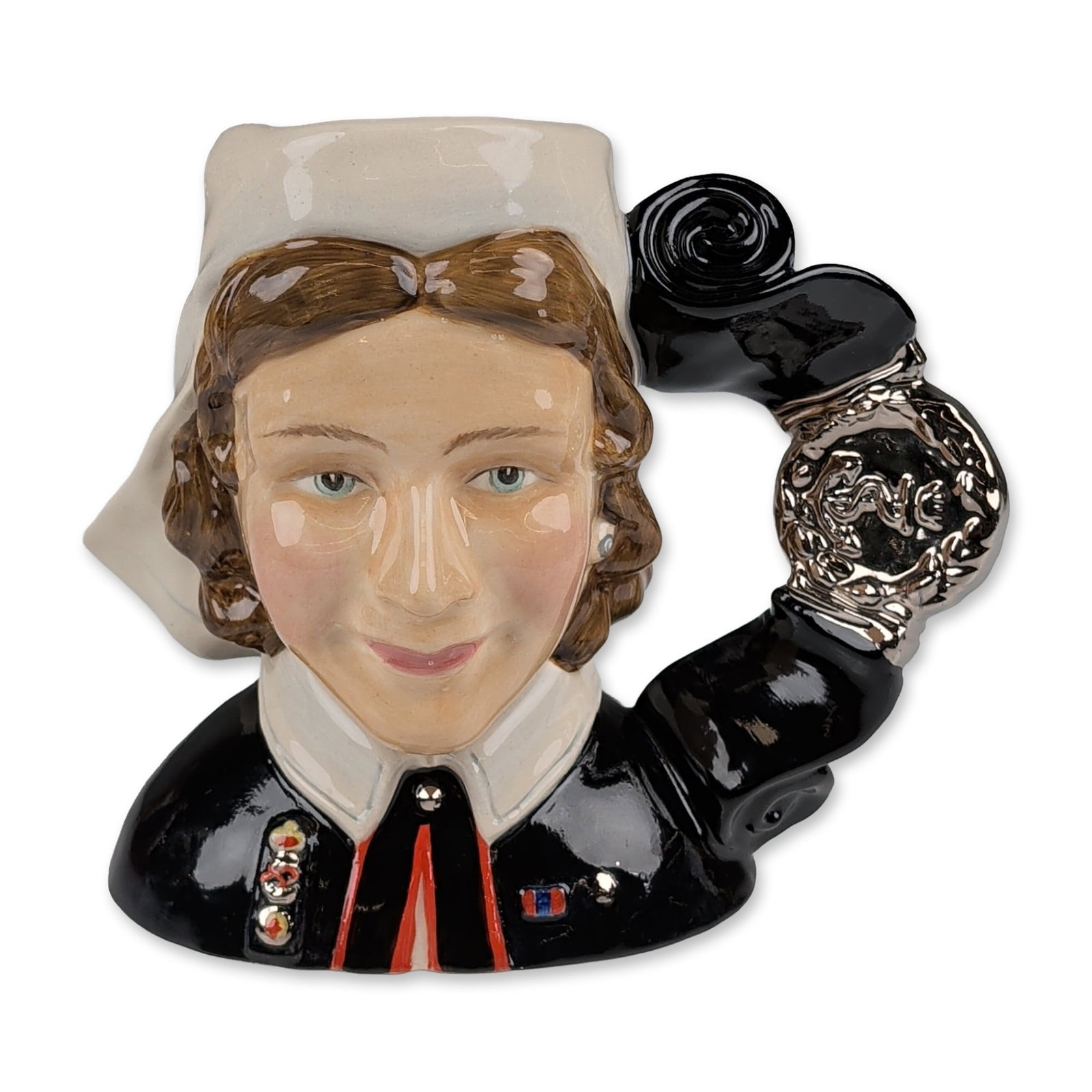 Royal Doulton Colorway Small Character Jug, Nurse D7216: Depicting Florence Nightingale, famously known as The Lady with the Lamp. The figure is modeled wearing a black nurse's uniform with red piping, a white collar, and a matching cap. The handle features