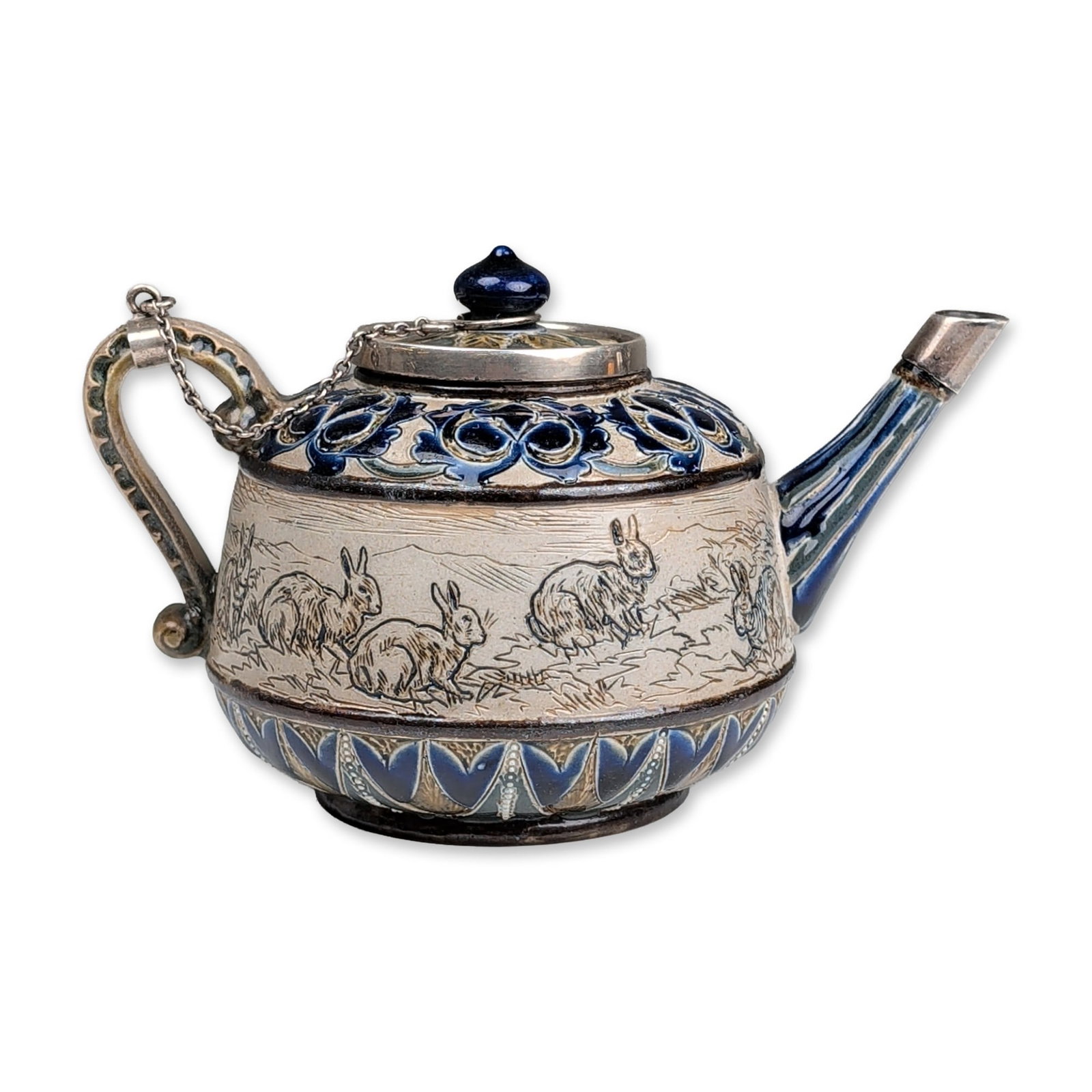 Doulton Lambeth by Hannah Barlow Stoneware and Sterling Silver Mounted Rabbit Motif Teapot (1 of 9)