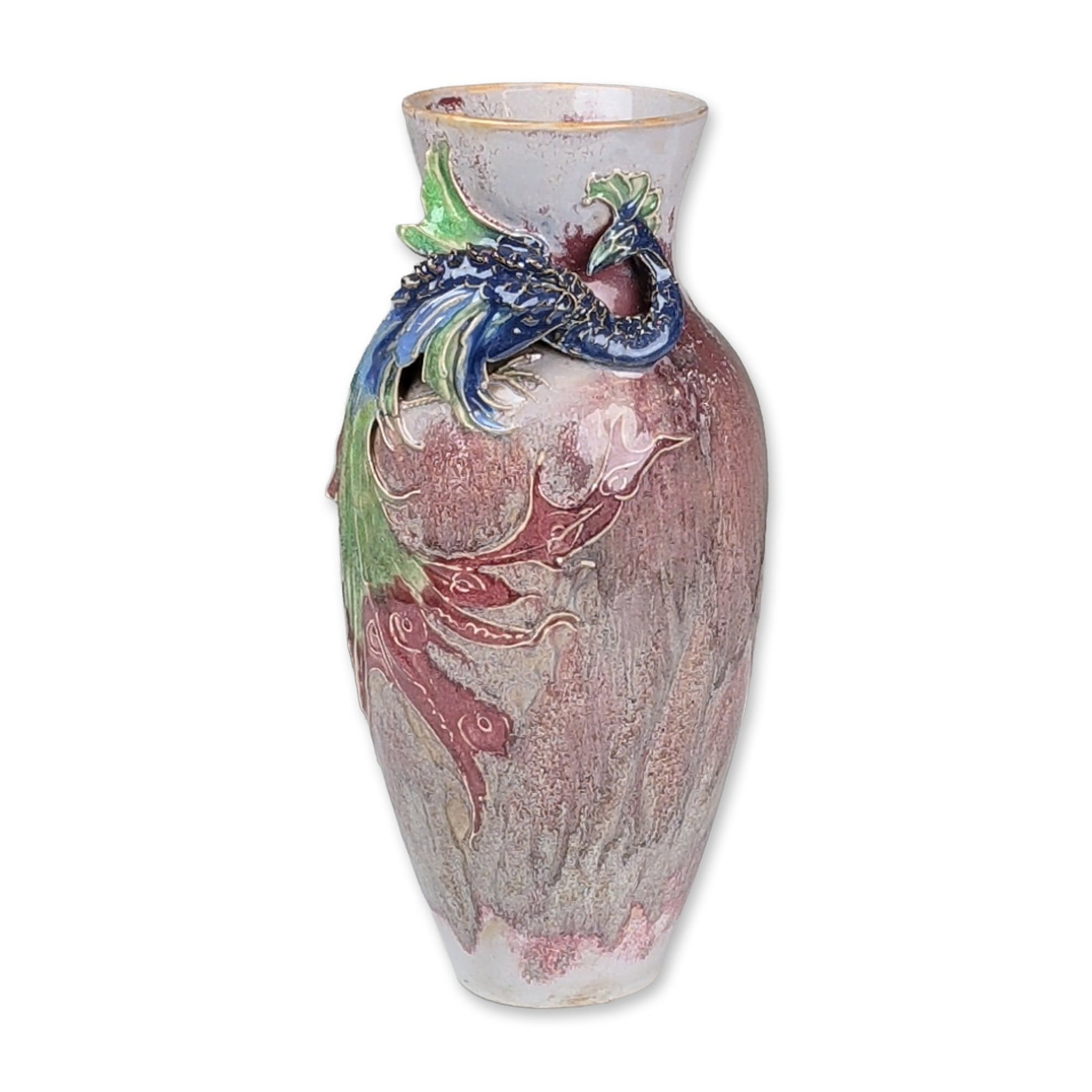 Royal Doulton by Mark V. Marshall Stoneware Peacock Relief Vase: An ovoid stoneware vase featuring a high-relief hand-applied peacock figure wrapped around the neck and shoulder. The peacock is decorated in cobalt blue and emerald green glazes, while the body displ