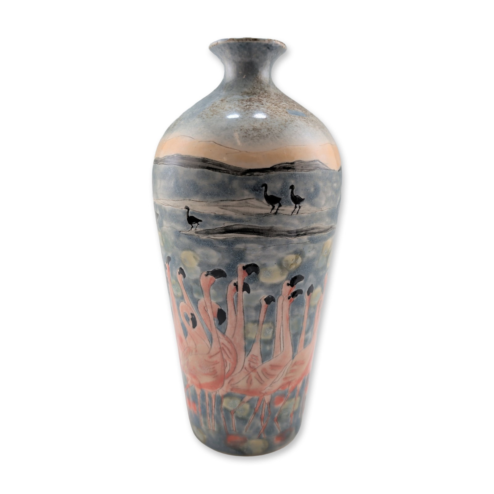 Cobridge Stoneware Flamingo Motif Vase: A limited edition tapered bottle-form stoneware vase featuring a hand-painted decorative scene of pink flamingos in various poses set against a mottled blue and gray ground. A pale ochre band encircle