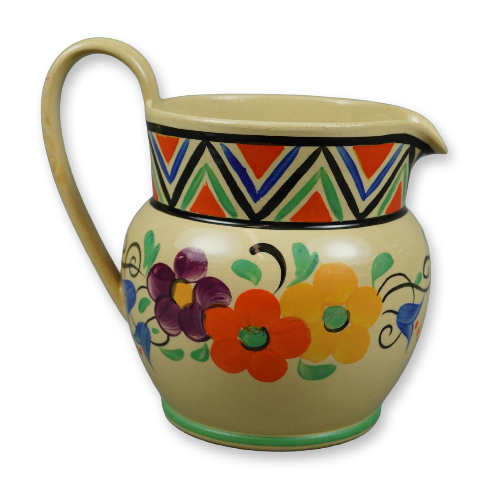 Wedgwood Art Deco Millicent Taplin Sunlit Pattern Earthenware Pitcher: A hand-painted earthenware pitcher manufactured by Wedgwood, featuring the Sunlit pattern designed by Millicent Taplin. This globular jug is characterized by a rounded body, a slightly flared rim with