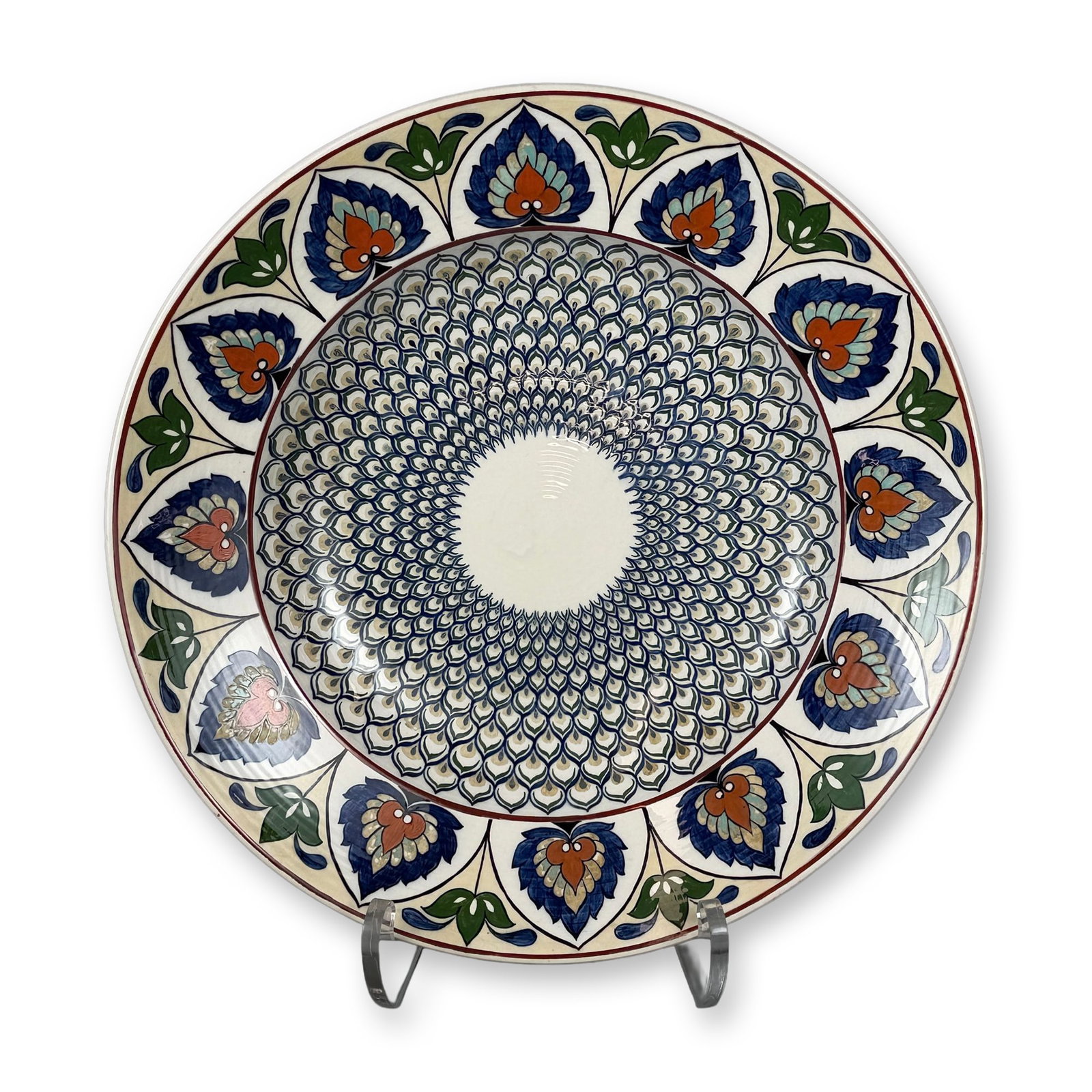 Large Wedgwood Glazed Earthenware Bowl Charger: This is a large, shallow circular display bowl or charger manufactured by the English firm Wedgwood. The piece is crafted from glazed earthenware, featuring a cream-colored body. The hand-painted deco