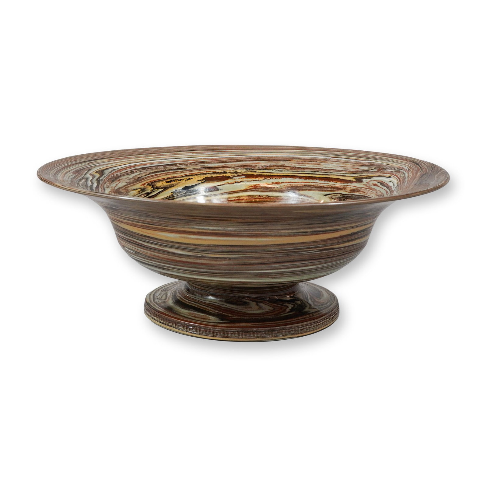 Wedgwood Variegated Earthenware Melba Bowl: A large footed earthenware bowl in the form known as a Melba bowl, attributed to Wedgwood and identified as Variegated Ware. The bowl features a wide, flared, and slightly everted rim that tapers to a