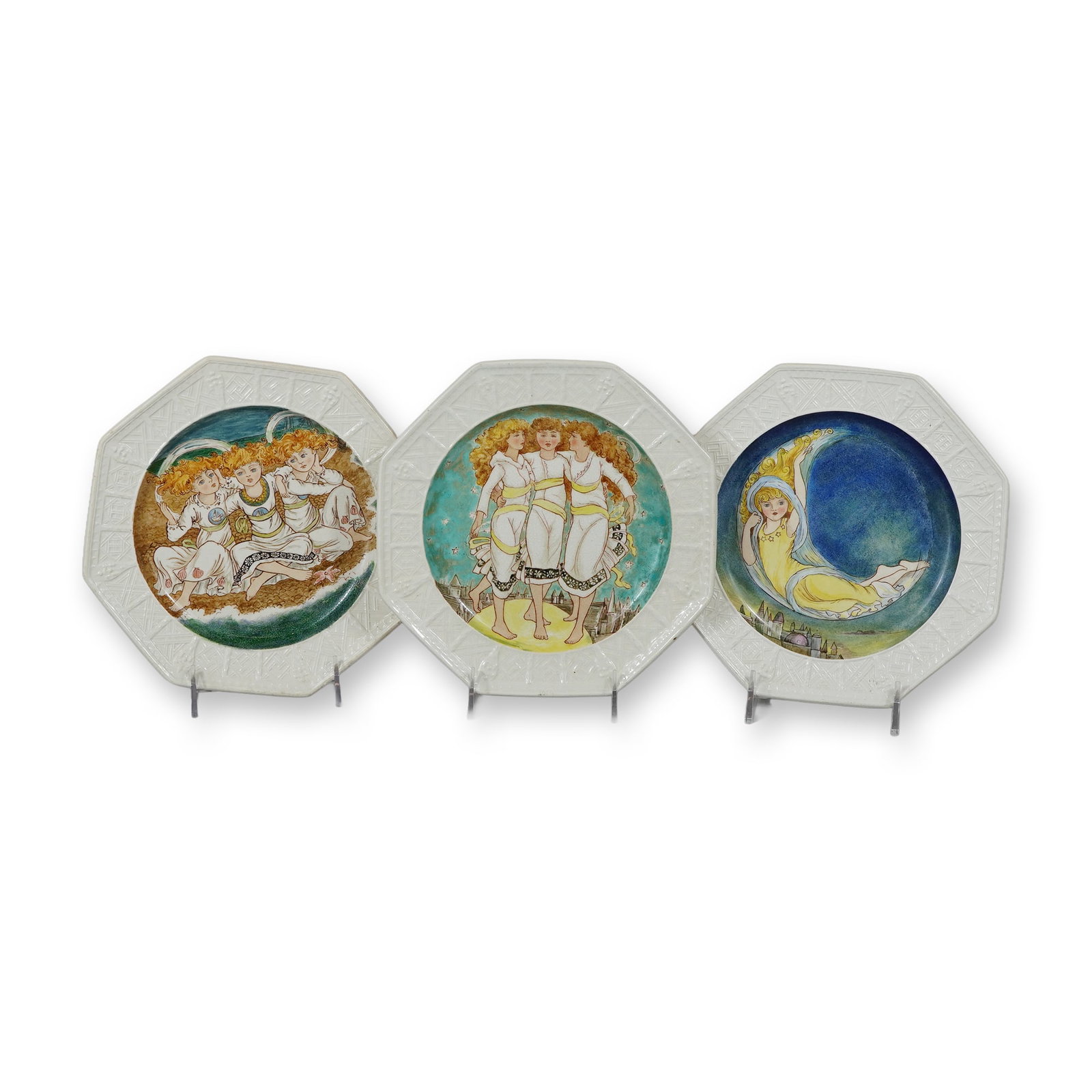 Trio of Wedgwood Aesthetic Movement Octagonal Earthenware Plates Decorated at Mortlock's Art-Pottery (1 of 3)