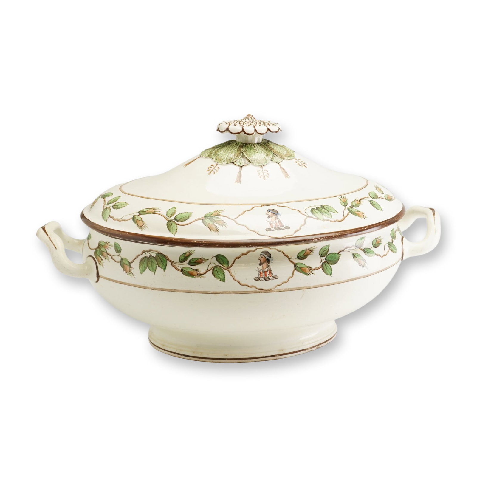 Wedgwood Antique Creamware Lidded Tureen with Hand-Painted Botanical and Figurative Decoration: This antique Wedgwood creamware soup tureen and matching lid features hand-painted enamel decoration. The large oval vessel is supported by a pedestal foot and flanked by two scroll handles. The domed