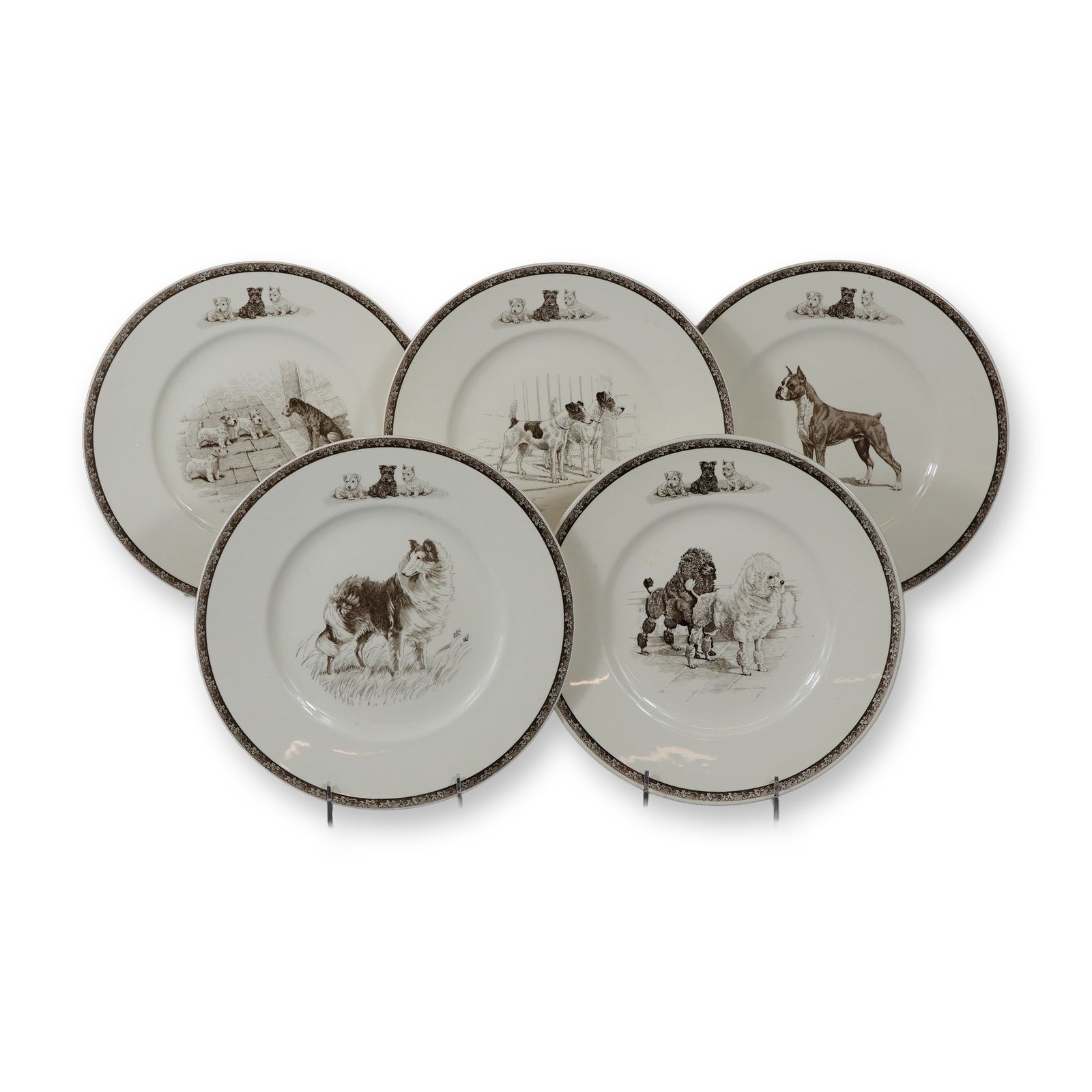 5pc Wedgwood Marguerite Kirmse Non-Sporting Terrier and Working Dog Plates: This set of creamware plates was manufactured by Wedgwood at their Barlaston factory in England. The plates feature sepia-toned transfer-printed central illustrations based on original etchings and dr