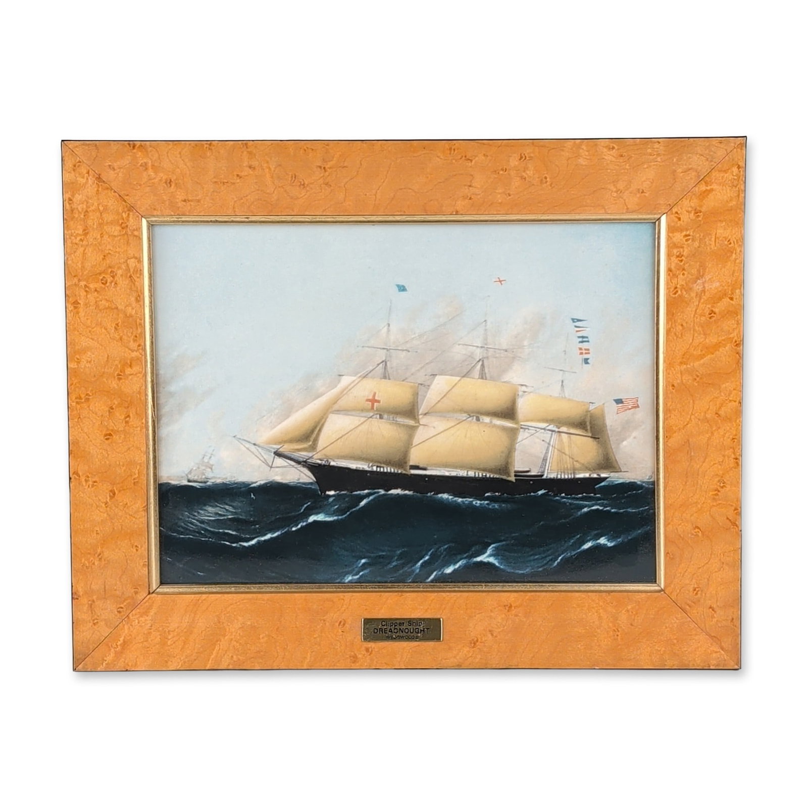 Wedgwood of Etruria & Barlaston by James Buttersworth Framed Nautical Porcelain Tile, The: Wedgwood polychrome transfer-decorated porcelain plaque after the original marine painting by James E. Buttersworth (Anglo-American, 1817-1894). The scene depicts the American clipper ship Dreadnought