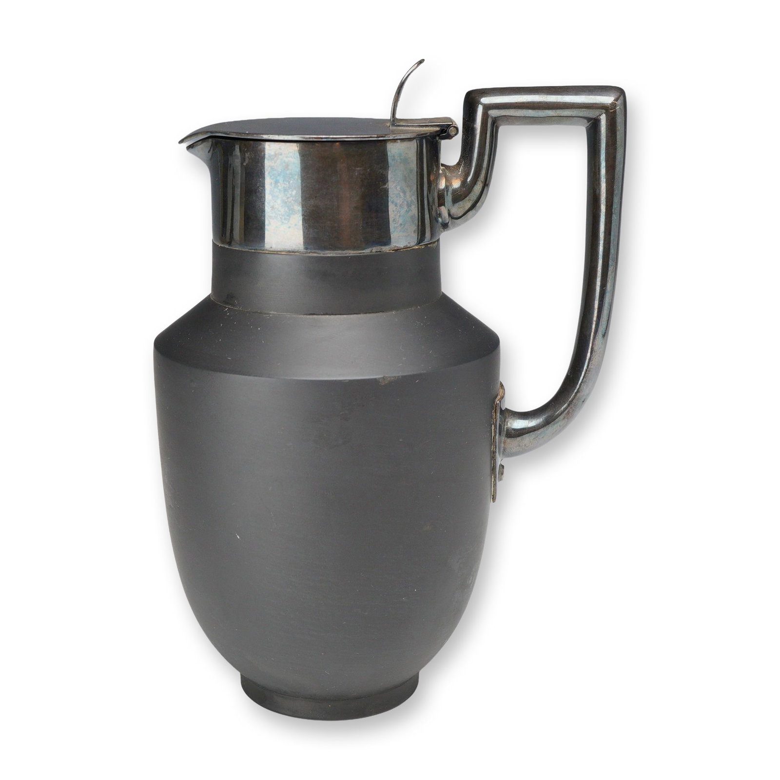 Wedgwood Black Basalt and Metal Mounted Thermal Pitcher: This item is a Wedgwood black basalt and metal-mounted thermal pitcher, featuring a matte black stoneware body with a vacuum-insulated interior. The vessel is designed in an ovoid form that transition