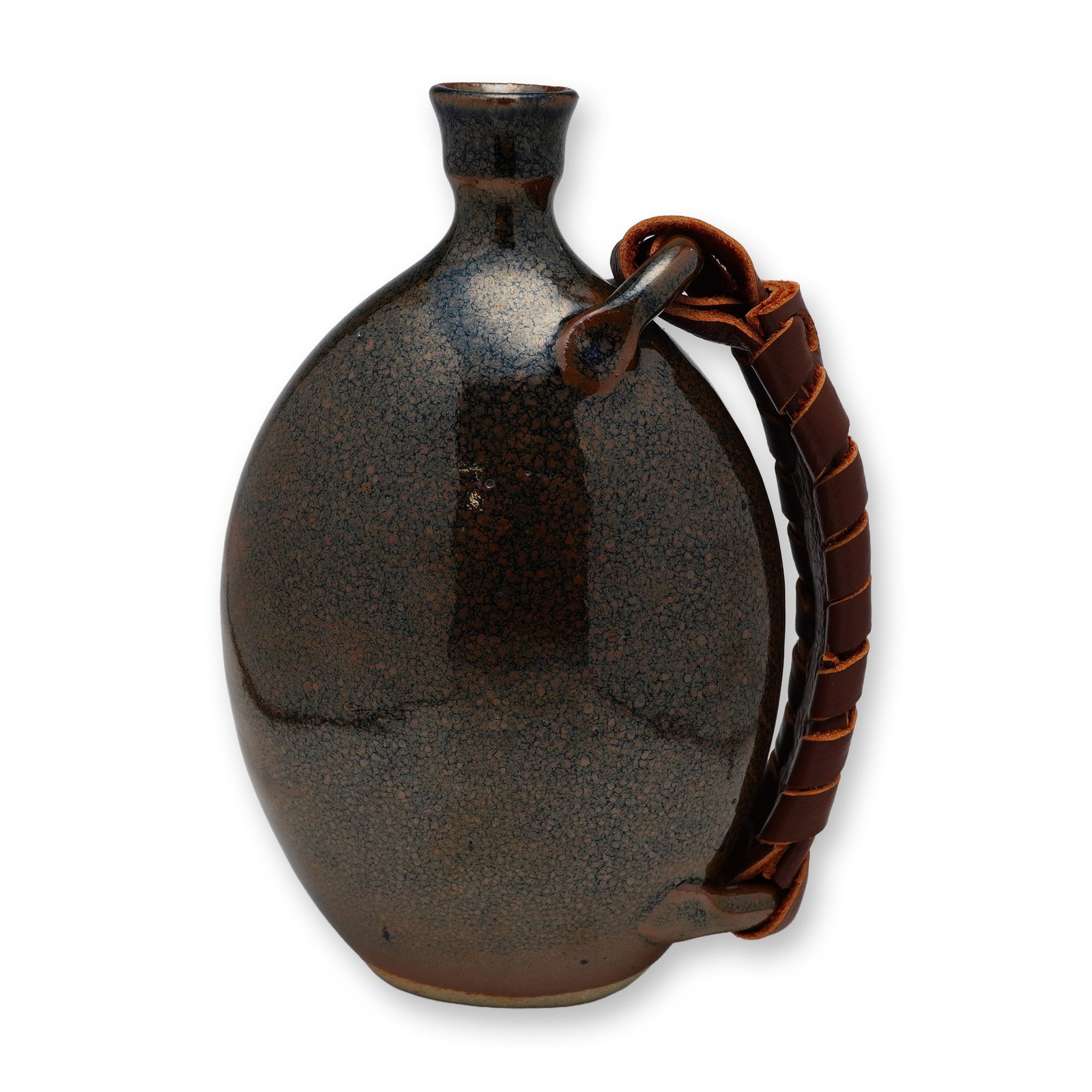 Wedgwood Studio Pottery Stoneware Flask Designed by John Dermer, ca. 1971: This Wedgwood studio pottery stoneware flask was designed by artist John Dermer circa 1971. The vessel features an ovoid body with a short, tapered neck and a flared, flat-topped rim. Two ceramic loop