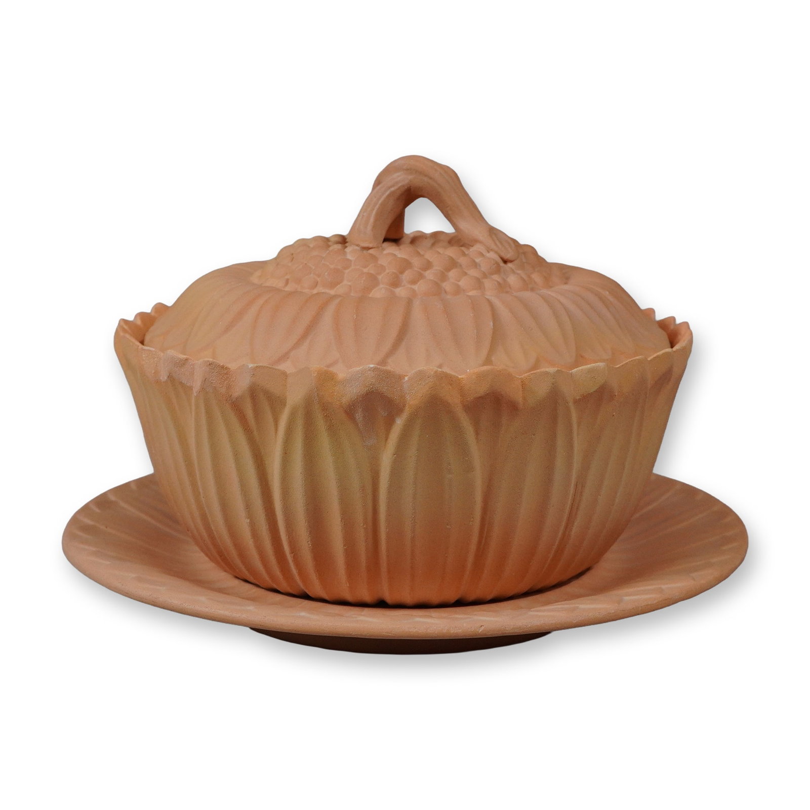 Late 19th Century Wedgwood Caneware Sunflower Pattern Covered Bowl and Underplate: A Wedgwood caneware three-piece set consisting of a circular covered bowl and matching underplate. This unglazed, buff-colored stoneware features relief-molded decoration in a sunflower motif. The bow
