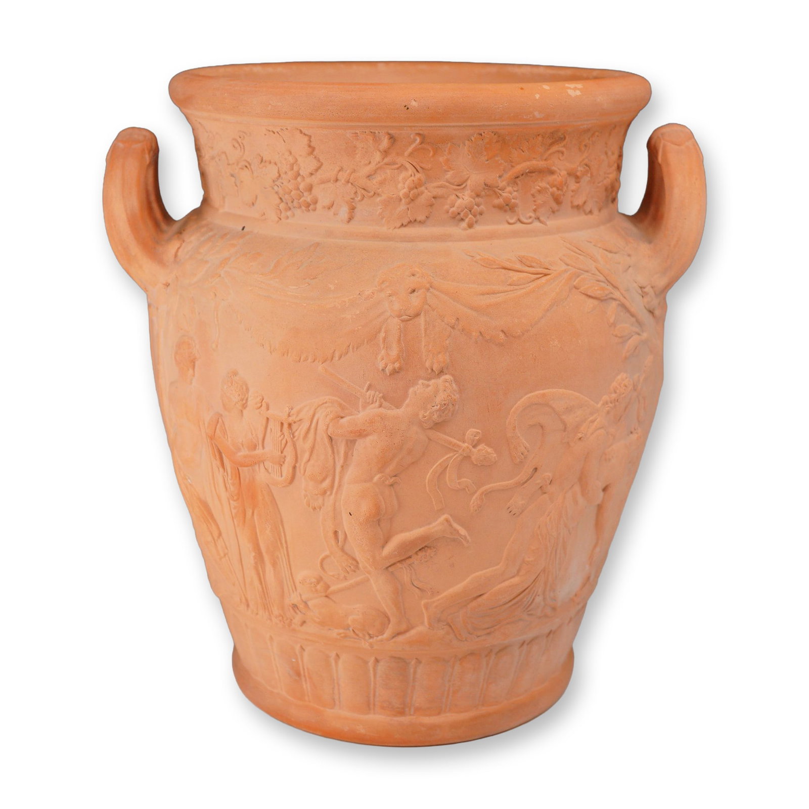 Wedgwood Rosso Antico Terracotta Twin-Handled Wine Cooler: A Wedgwood Rosso Antico terracotta twin-handled wine cooler or urn of neoclassical krater form. Constructed from fine-grained unglazed red stoneware, the vessel features high-relief sprigged ornamenta