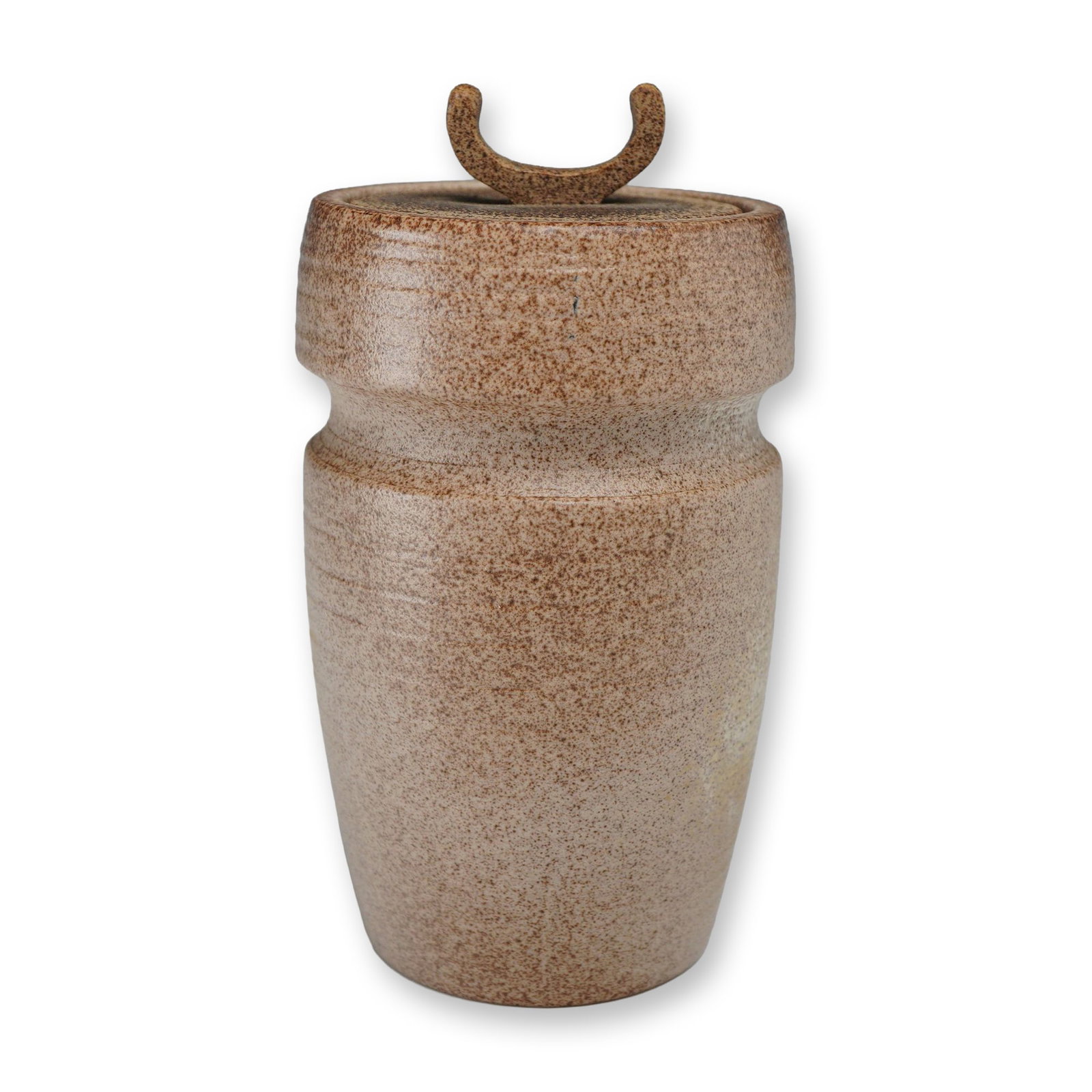 Wedgwood Stoneware Lidded Jar: This lidded jar is crafted from stoneware and features a modern, utilitarian form. The vessel is cylindrical with a tapered lower body and a recessed collar near the rim. It is accompanied by a matchi