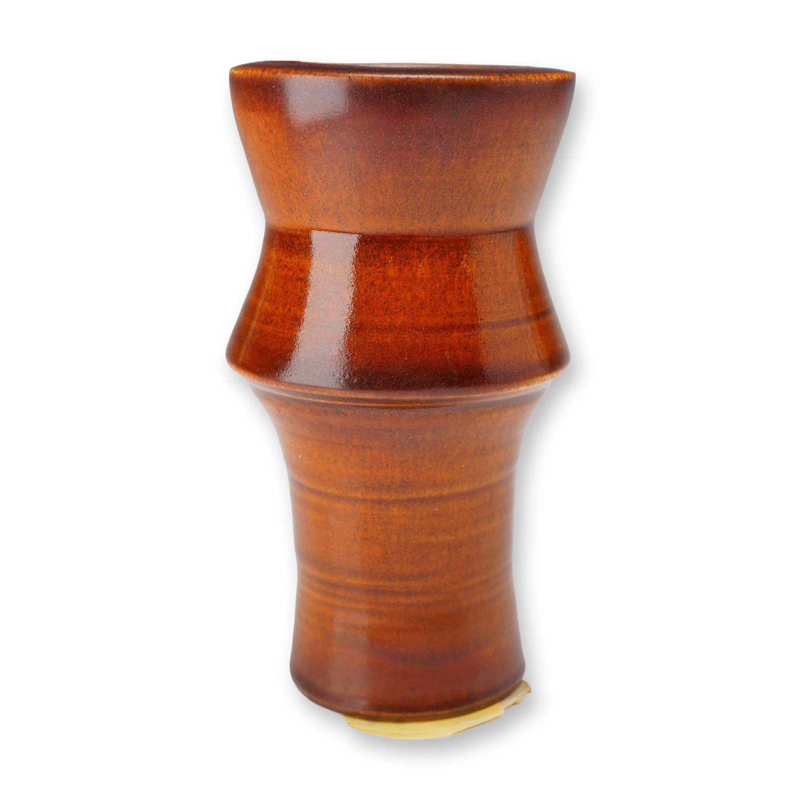 Wedgwood Glazed Stoneware Vase: This art pottery vessel is a Wedgwood glazed stoneware vase featuring a distinctive waisted or hourglass form with a wide, flaring rim and base. The exterior is finished in a high-gloss, rich amber-br