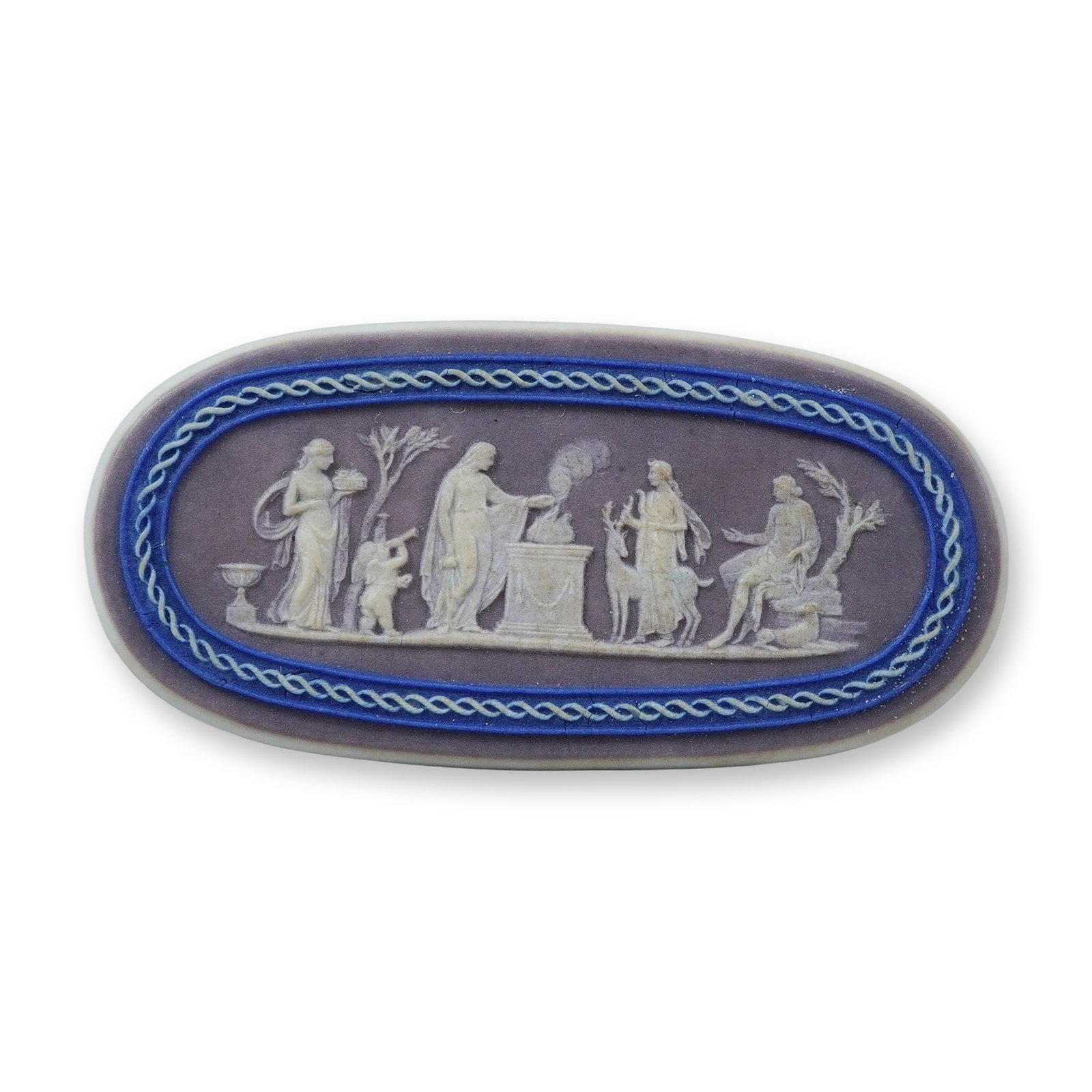 Wedgwood Tricolor Jasperware Dip Medallion: This oblong unglazed stoneware jasperware medallion is designed in a distinctive tricolor palette. The central field is a matte lavender ground decorated with white sprigged relief. The scene depicts 