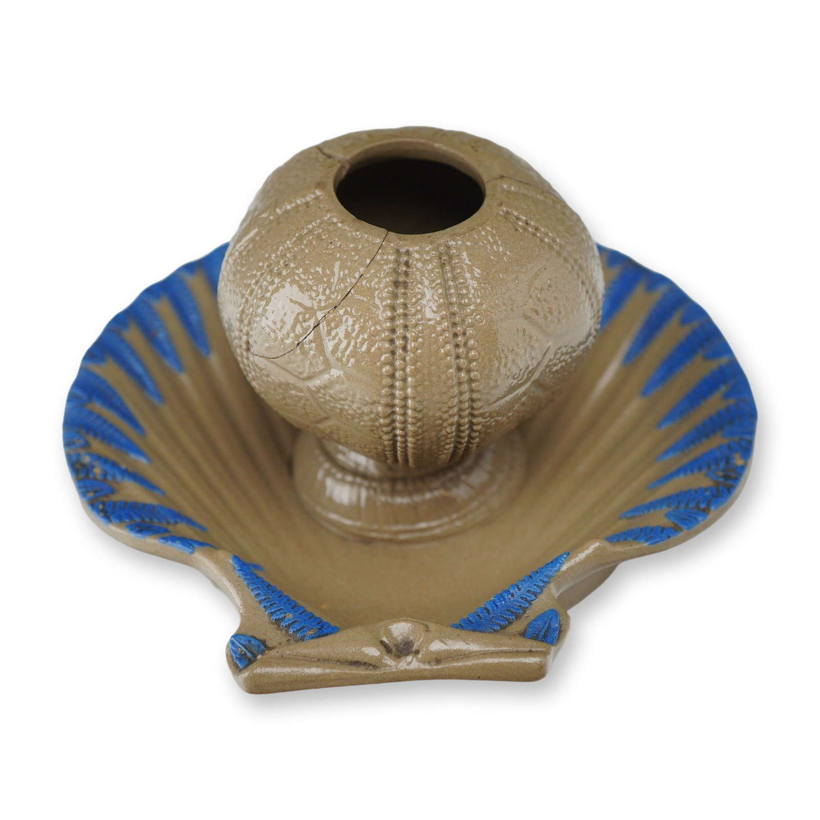 Wedgwood Drabware Sea Life Desk Inkwell: A Wedgwood drabware desk inkwell featuring a marine-inspired design. The piece consists of a central ink container modeled in the form of a sea urchin, or echinus, which sits upon a pedestal base with