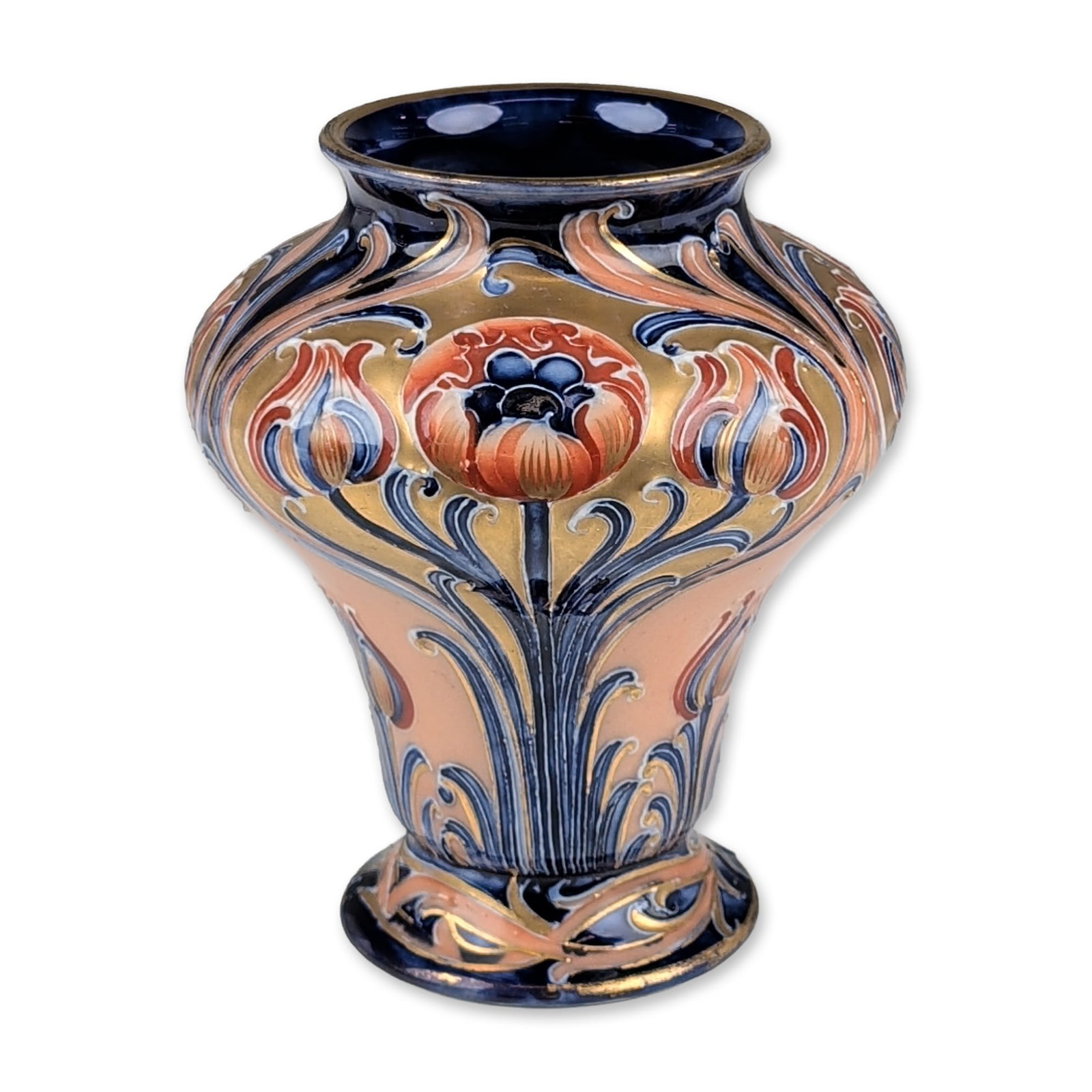 William Moorcroft Macintyre Alhambra Porcelain Vase: William Moorcroft for Macintyre and Co. Art Nouveau Alhambra pattern vase in glazed earthenware, featuring tube-lined stylized poppy and tulip blossoms amidst whiplash scrolls. Decorated in a palette 