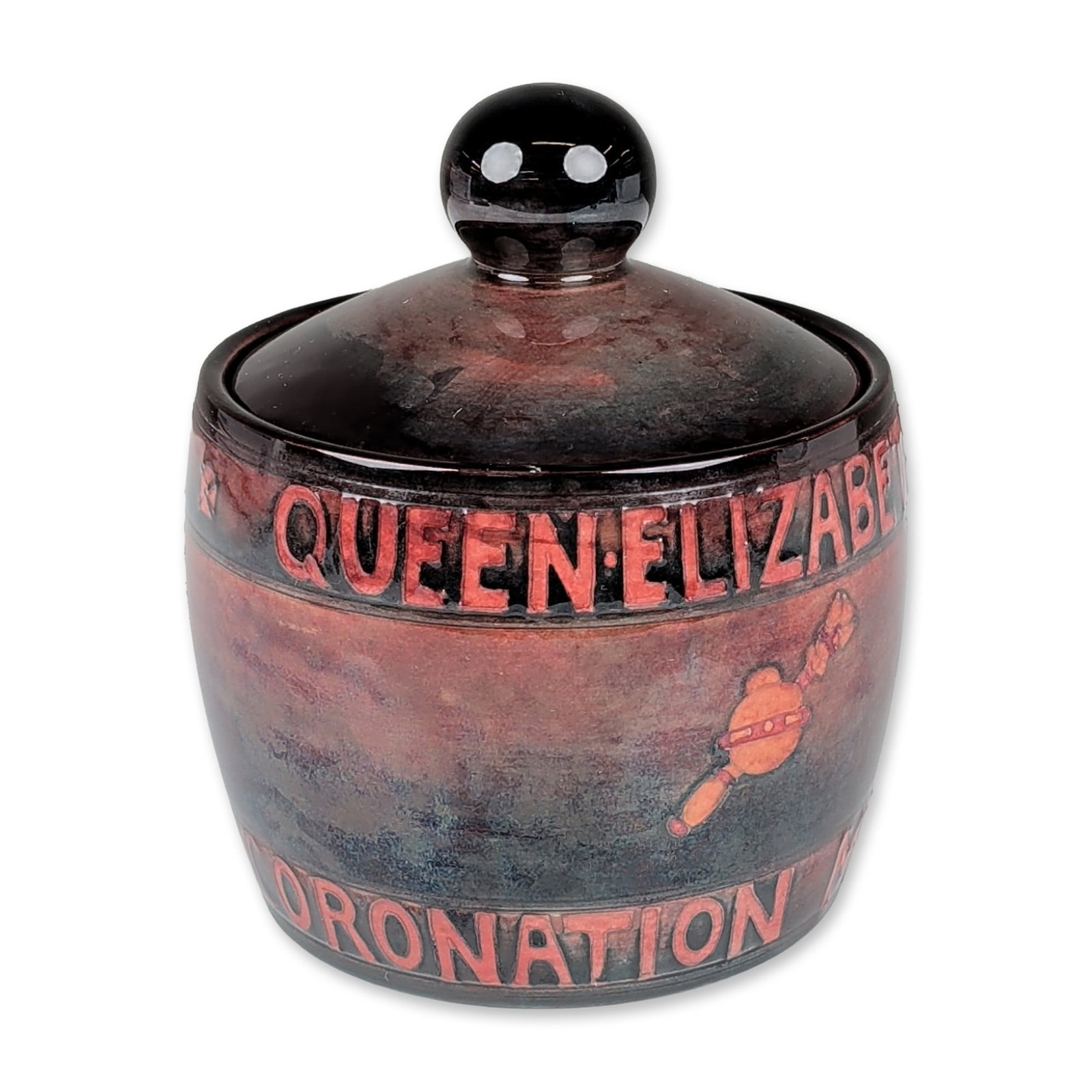 Moorcroft 1937 Coronation Flambe Lidded Ginger Jar: English Moorcroft commemorative lidded earthenware jar produced for the 1937 coronation of King George VI and Queen Elizabeth. The vessel features a flambe glaze in tones of deep red, charcoal, and gu