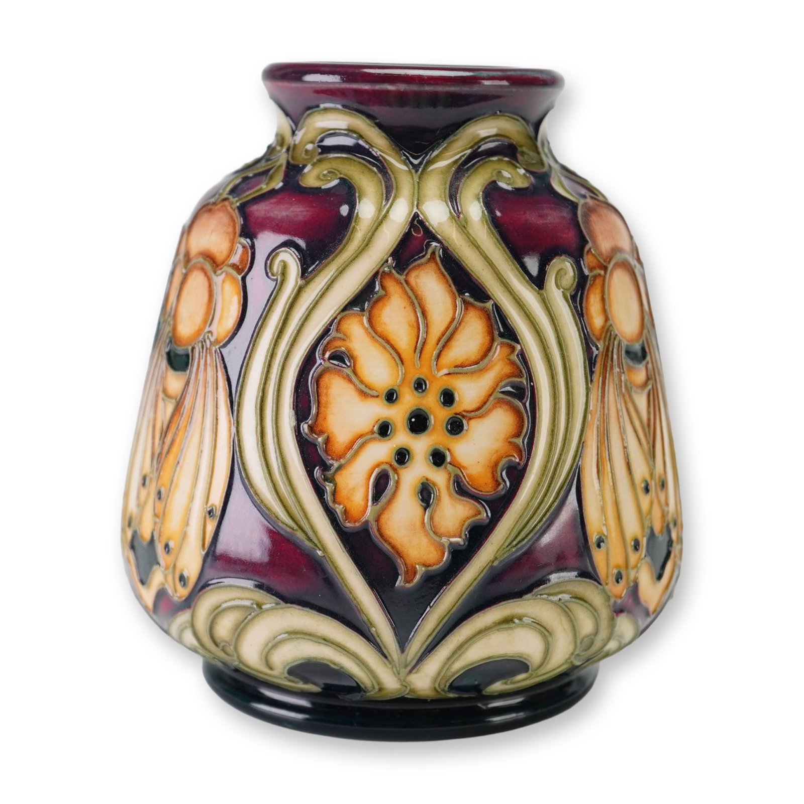 Moorcroft Pottery by Kerry Goodwin Trial Miniature Vase, Queen Bee: Decorated using the hand-painted tube-lining technique in a stylized Art Nouveau style. The design depicts bees and large yellow floral blossoms surrounded by scrolling tendrils. The colorway consists