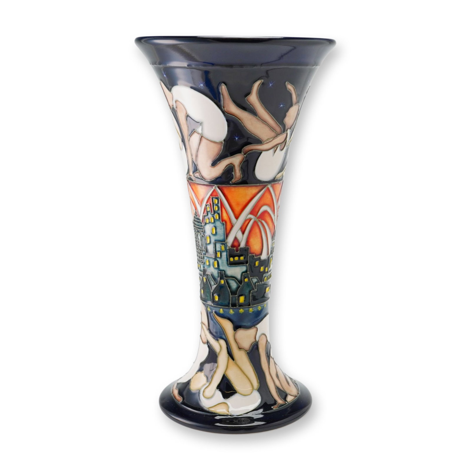 Moorcroft Pottery by Kerry Goodwin Vase, The Athletes: A limited-edition piece designed by Kerry Goodwin for Moorcroft Pottery in 2011 to celebrate the 2012 London Olympics. This flared trumpet-shaped or tapering cylindrical vase features detailed, colorf