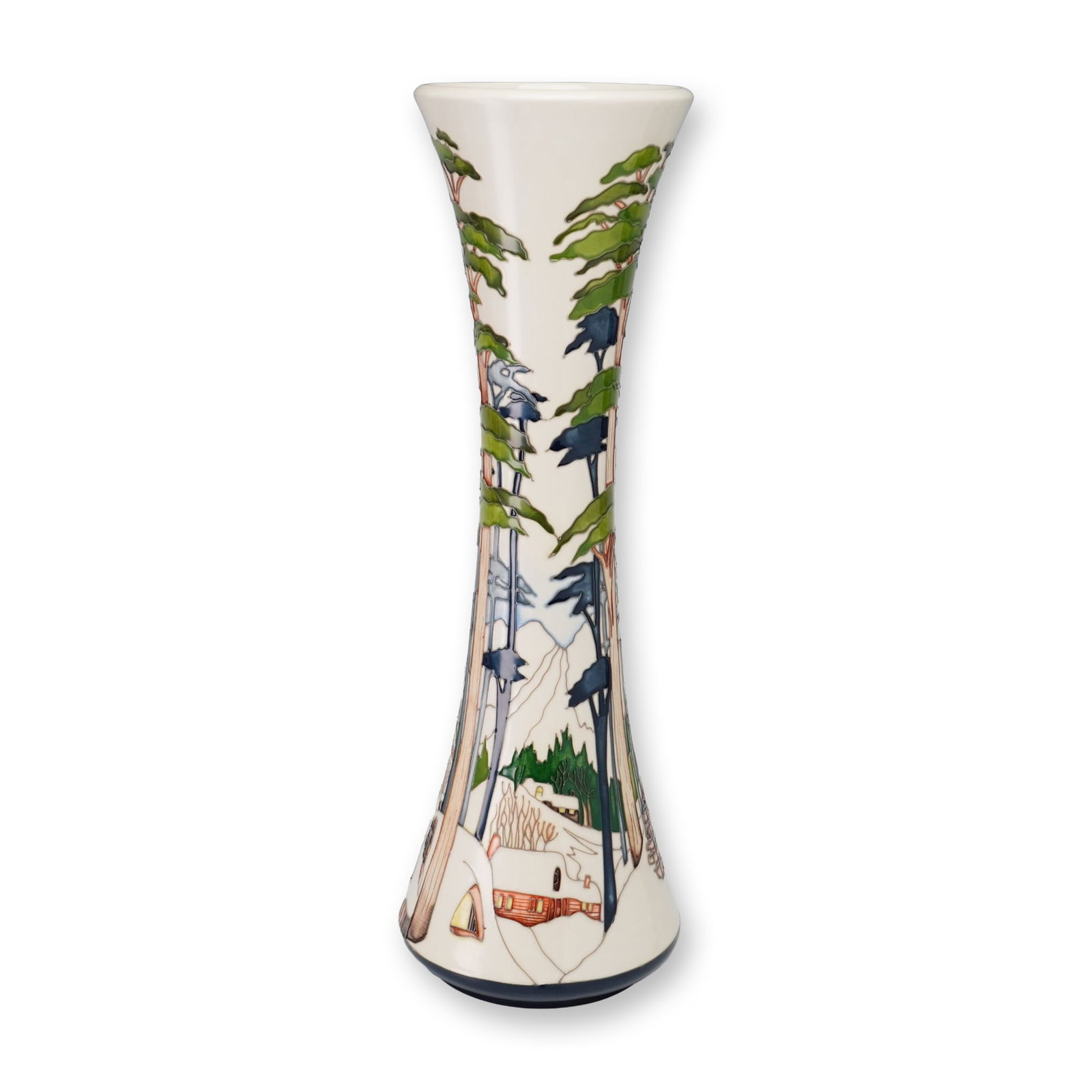 Moorcroft Pottery by Paul Hilditch Vase, Alpine Retreat: The form is a tall, slender trumpet shape with a flared rim and a wider, tapering circular base. The decoration features a wrap-around winter landscape created using the traditional tube-lining techni