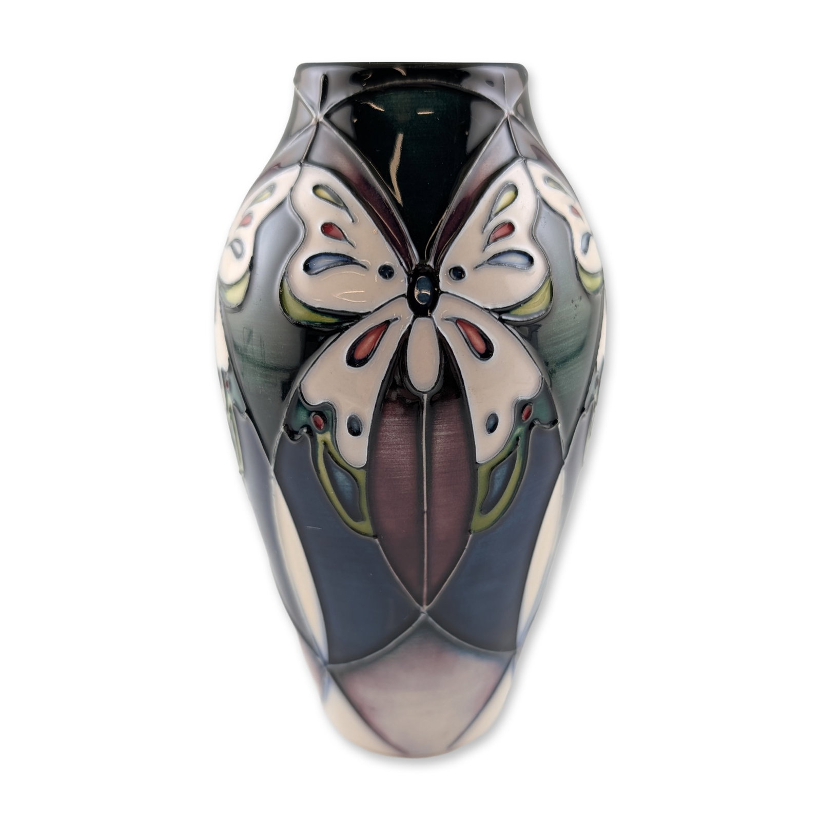 Moorcroft Pottery Trial Butterfly Pattern Vase: Moorcroft Pottery baluster form earthenware vase featuring a trial pattern of stylized butterflies. The decoration utilizes traditional tube-lining with a high-gloss glaze in a palette of cream, navy 