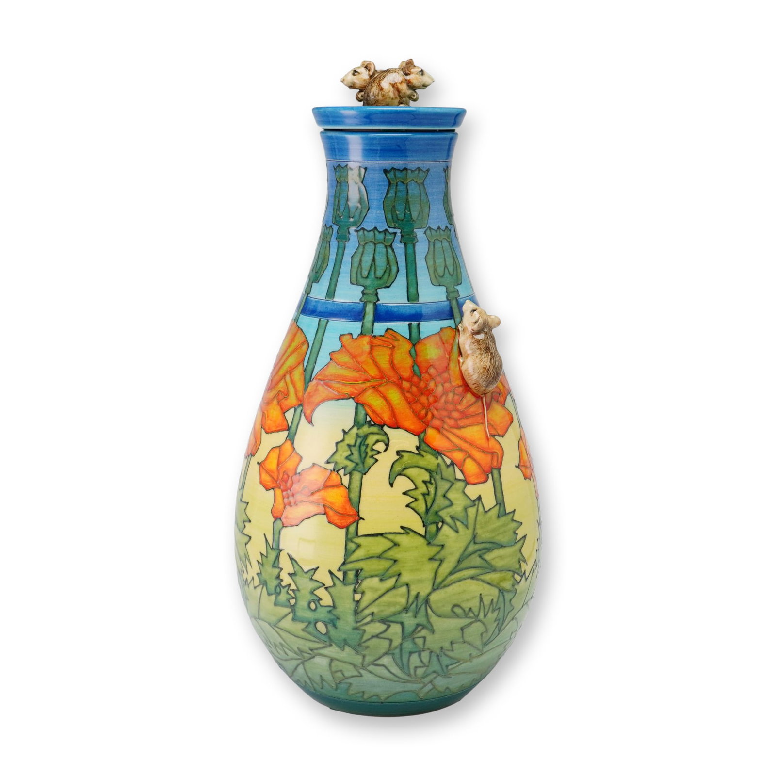 Dennis China Works Pottery by Sally Tuffin, Large Poppies and Mice Lidded Vase: The limited edition piece features a bulbous, teardrop-shaped body with a tapered neck and a matching lid. The exterior is hand-decorated with a tube-lined and hand-painted botanical motif, featuring 