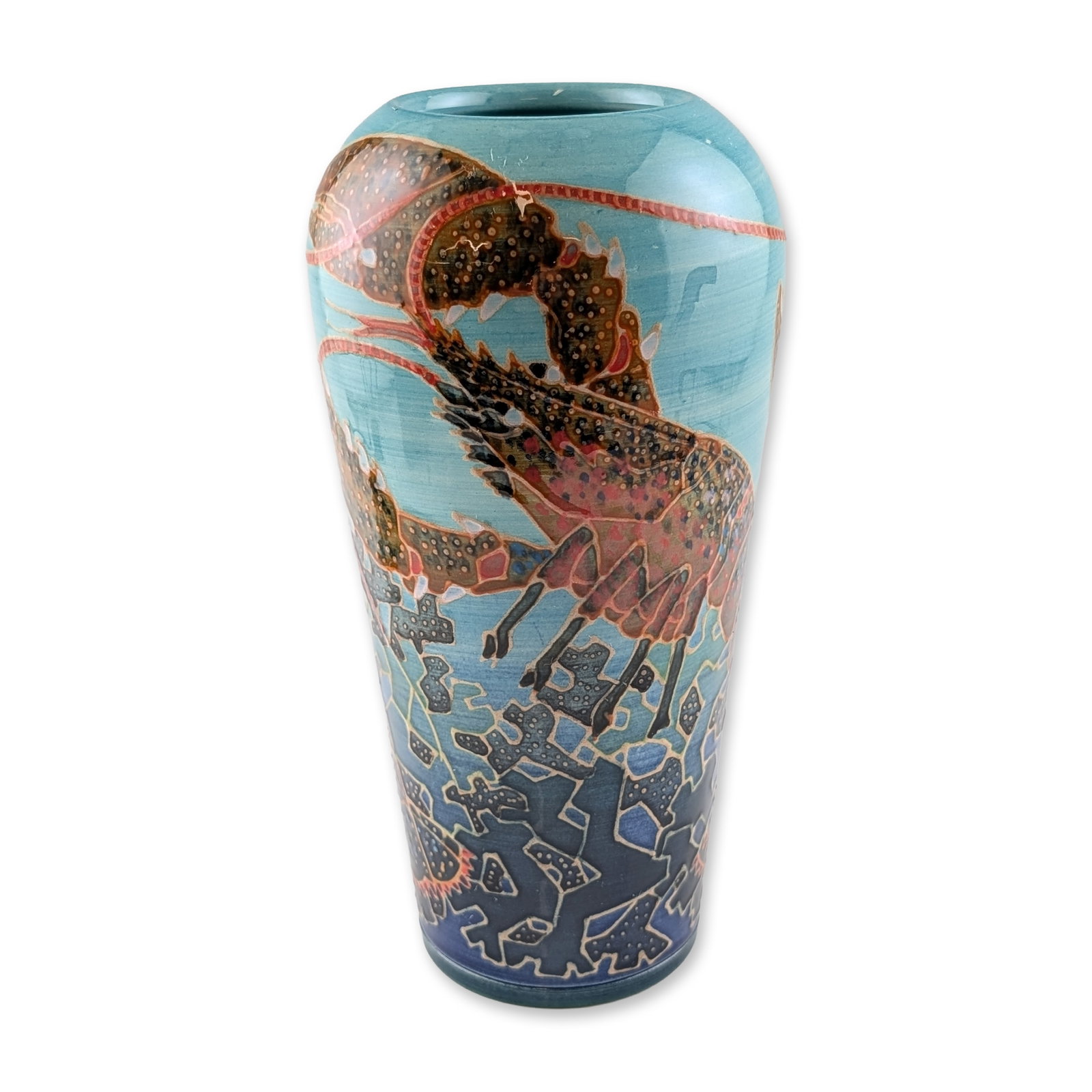 Dennis Chinaworks by Sally Tuffin Ceramic Lobster Vase: The exterior features tube-lined and hand-painted decoration depicting a lobster in tones of brown, orange, and red against a pale blue ground, with stylized rock formations in dark blue and grey at t