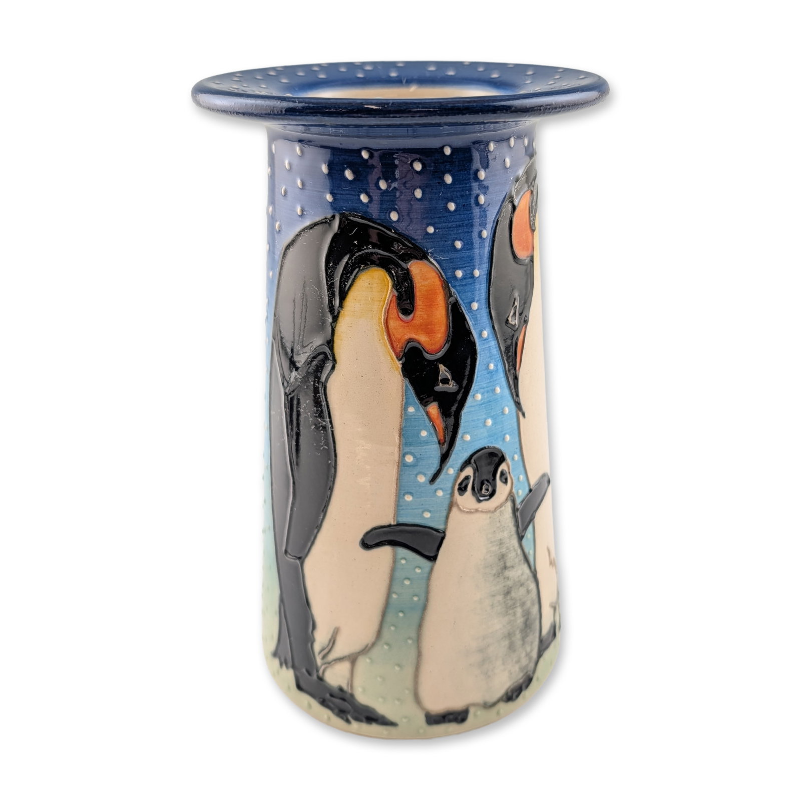 Dennis Chinaworks by Sally Tuffin Penguin Ceramic Vase: Featuring a tube-lined penguin motif. The cylindrical body flares to a wide, flat rim and is decorated with a hand-painted scene depicting Emperor penguins and chicks against an Antarctic landscape. T