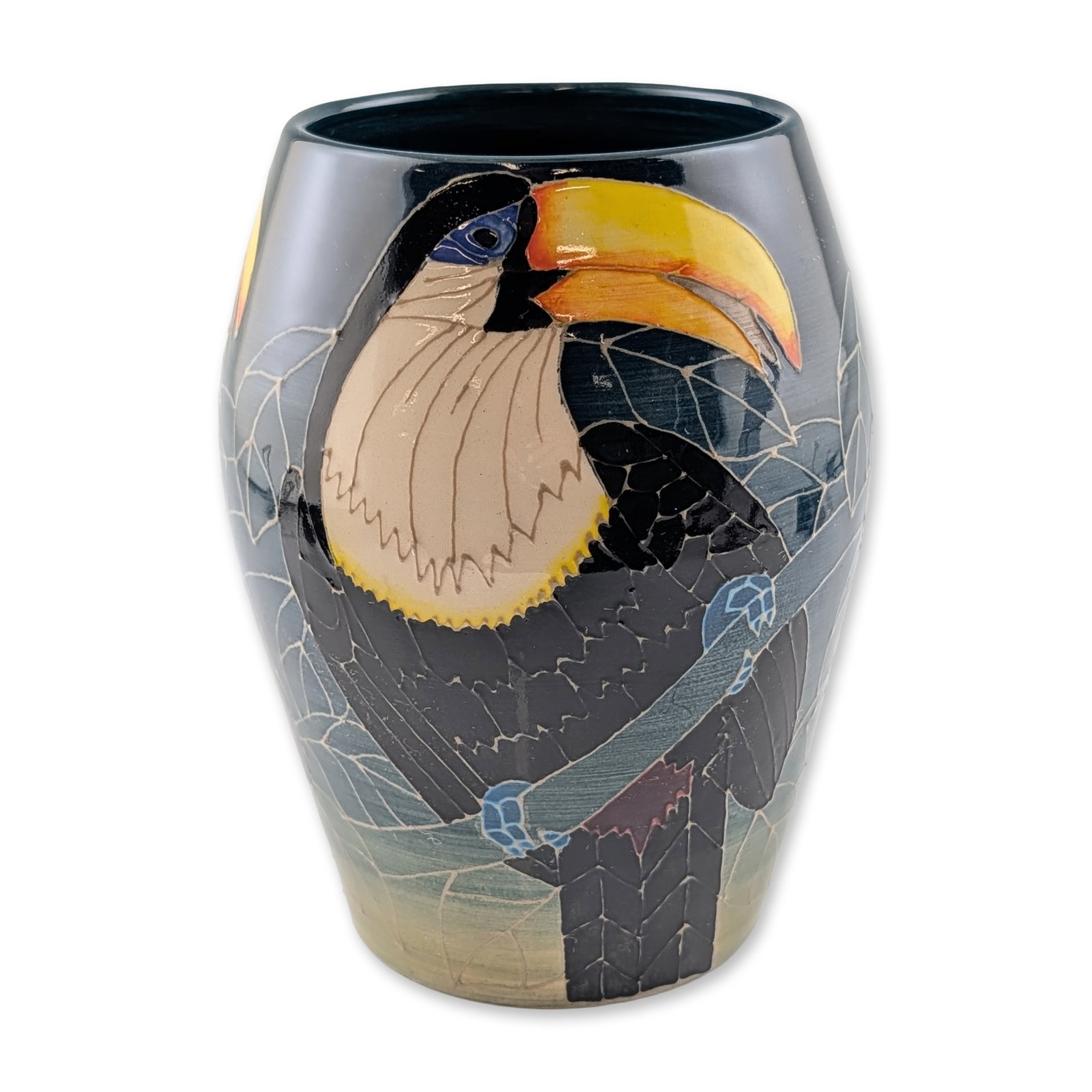 Dennis Chinaworks by Sally Tuffin Toucan Vase: The tapered bulbous body features tube-lined and hand-painted decoration of two toucans perched on branches among tropical foliage. The design is set against a dark navy blue ground transitioning to a