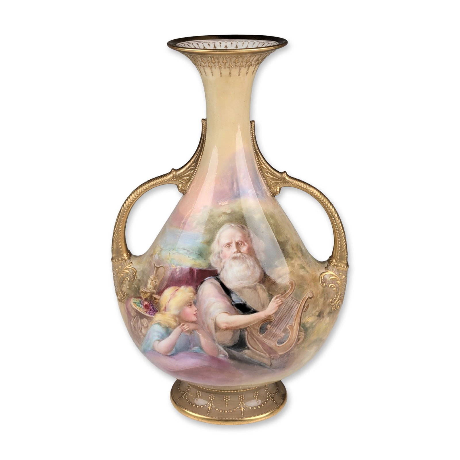 Royal Doulton by George White Porcelain Twin-Handle Vase, The Legend: A twin-handled porcelain vase in an amphora form, featuring hand-painted figurative and still life scenes by artist George White. The primary face depicts an elderly bearded man playing a lyre accompa