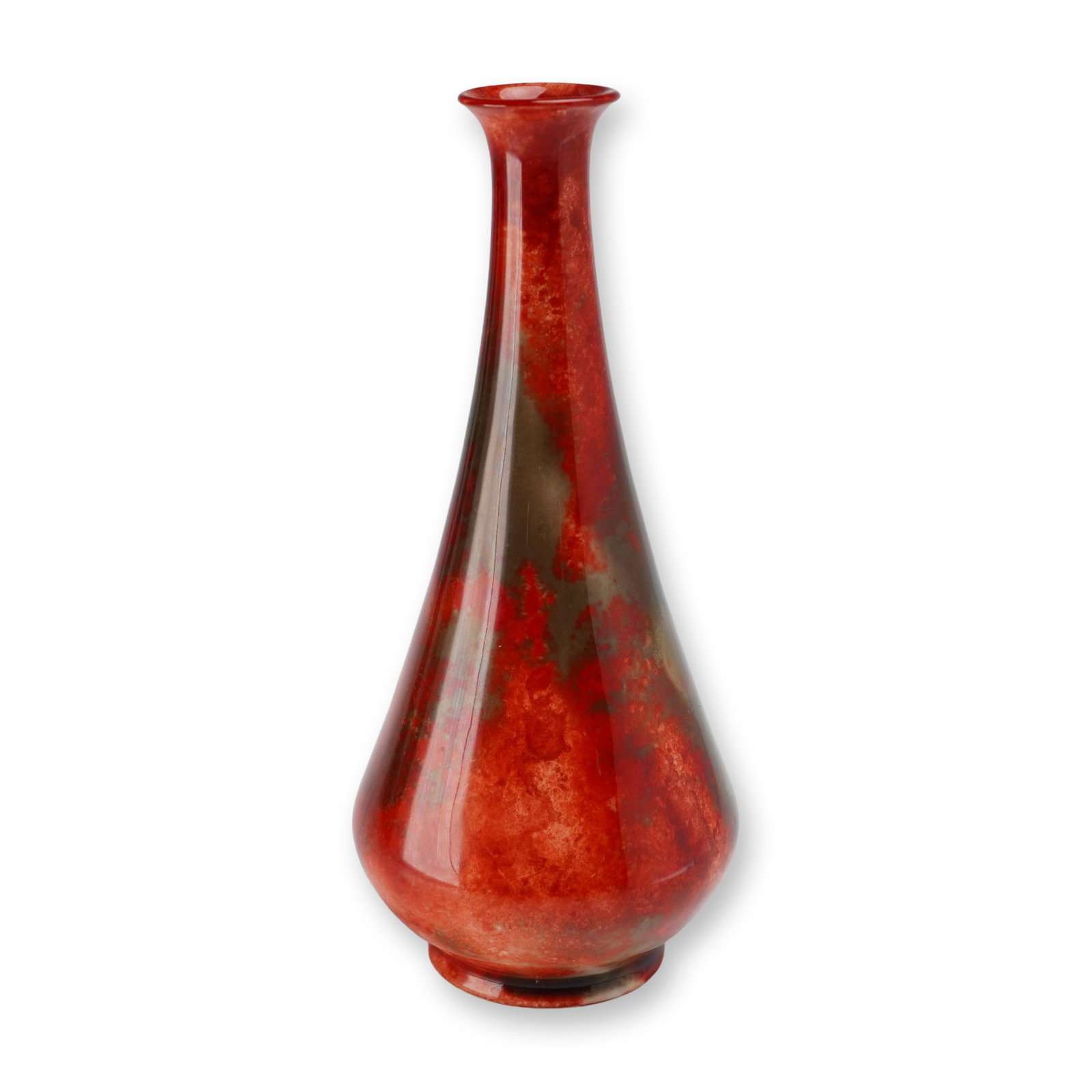 Royal Doulton by Fred Moore Flambe Vase: A slender teardrop body tapering to a tall, narrow neck with a flared rim. The exterior is decorated with a red flambe glaze accented with mottled tones of olive green, gray, and earthy brown. The und