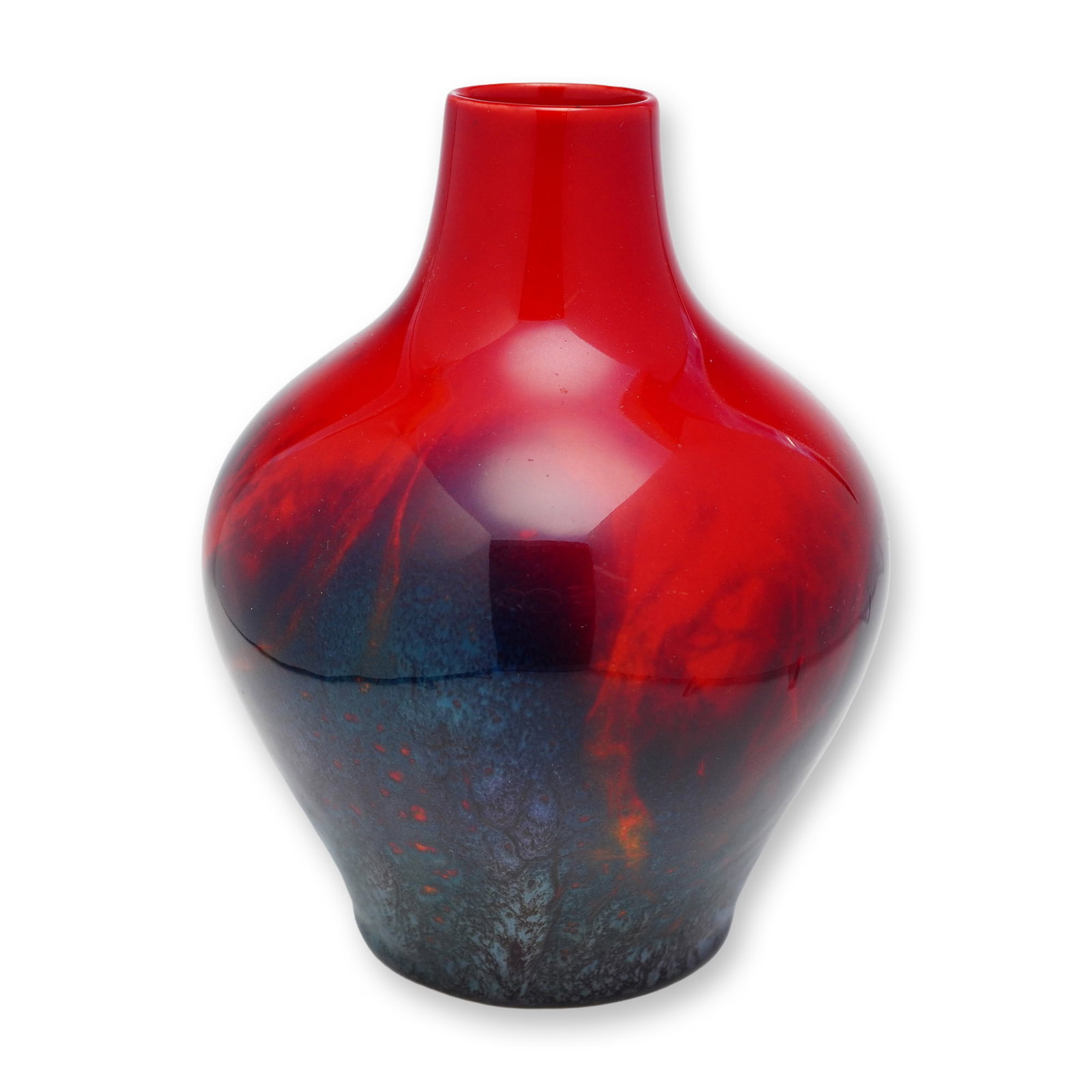 Royal Doulton Sung Flambe by Fred Moore Vase: Small red-fired earthenware vase with a stout, rounded body and short neck, accented with mottled yellow and blue tones. Bearing Royal Doulton Flambé and Sung marks. Artist: Fred Moore Dimensions: 4.