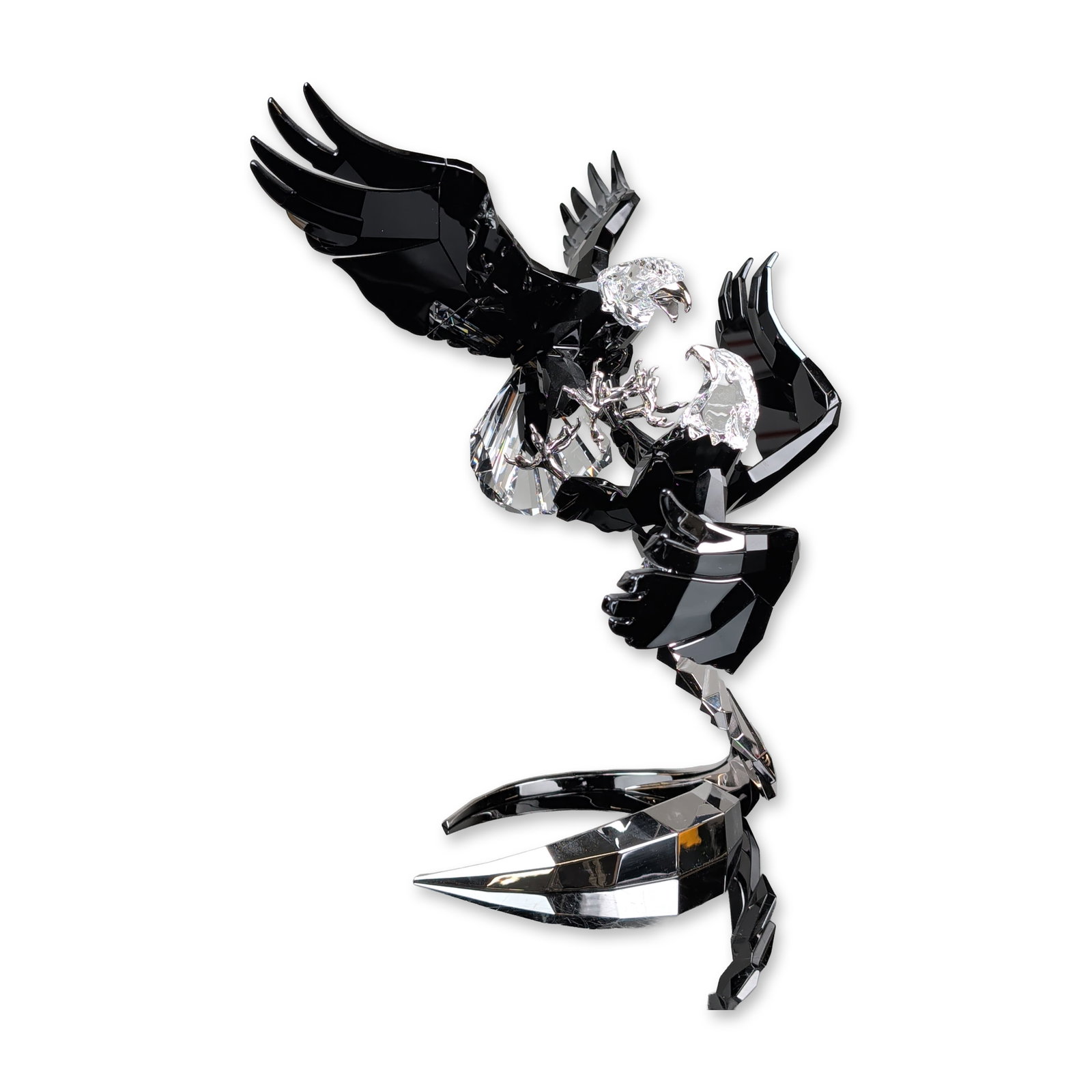 Swarovski Limited Edition Soulmate Sculpture, 2015 Crystal Eagles Pair: Limited edition crystal sculpture titled Pair of Bald Eagles, designed by Martin Zendron. The composition depicts two eagles in a dynamic mid-air struggle, rendered in faceted Jet black and clear crys