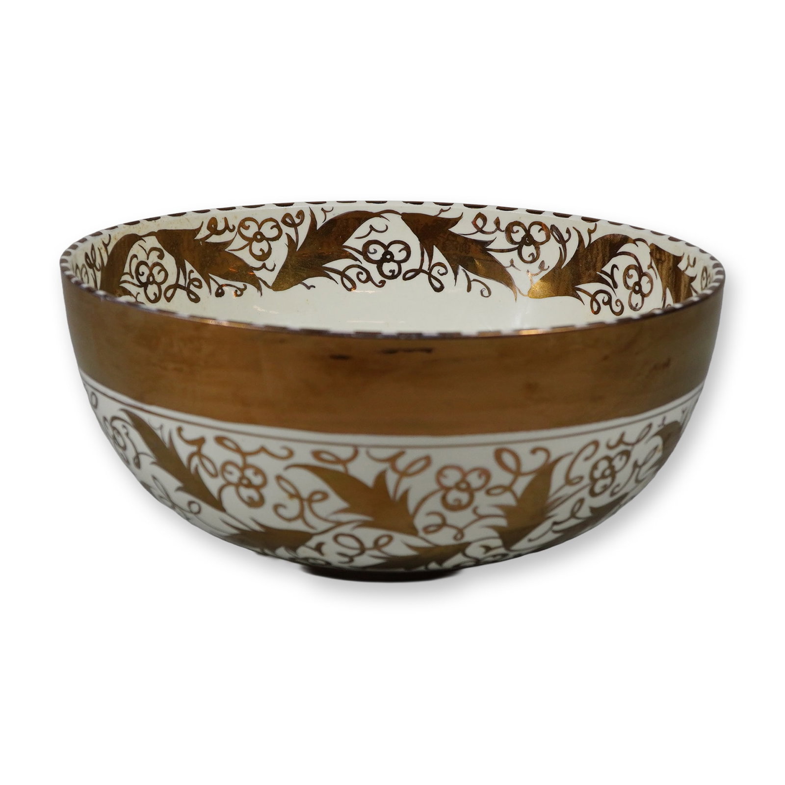 Wedgwood Queensware Gold Lustre Art Deco Floral Motif Bowl: This Wedgwood Queensware bowl features hand-painted gold luster decoration in an Art Deco style. The form is a deep circular bowl with a slightly flared rim and a raised foot. The exterior is decorate
