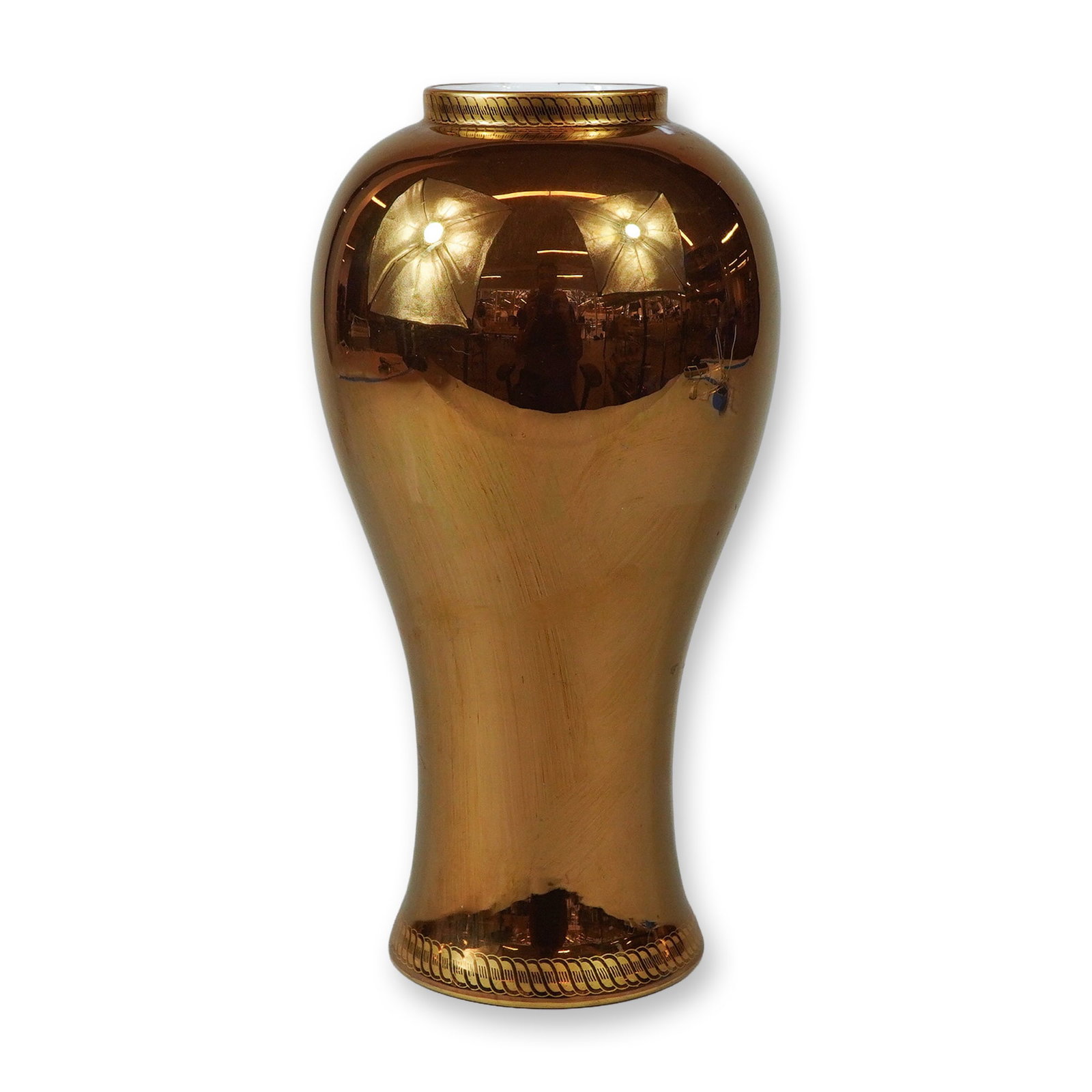 Wedgwood Copper Luster Glazed Ceramic Vase: A tall ceramic vase by Wedgwood, featuring an ovoid body tapering to a spreading foot and rising to a short, straight neck. The exterior is finished in a highly reflective copper luster glaze, while t
