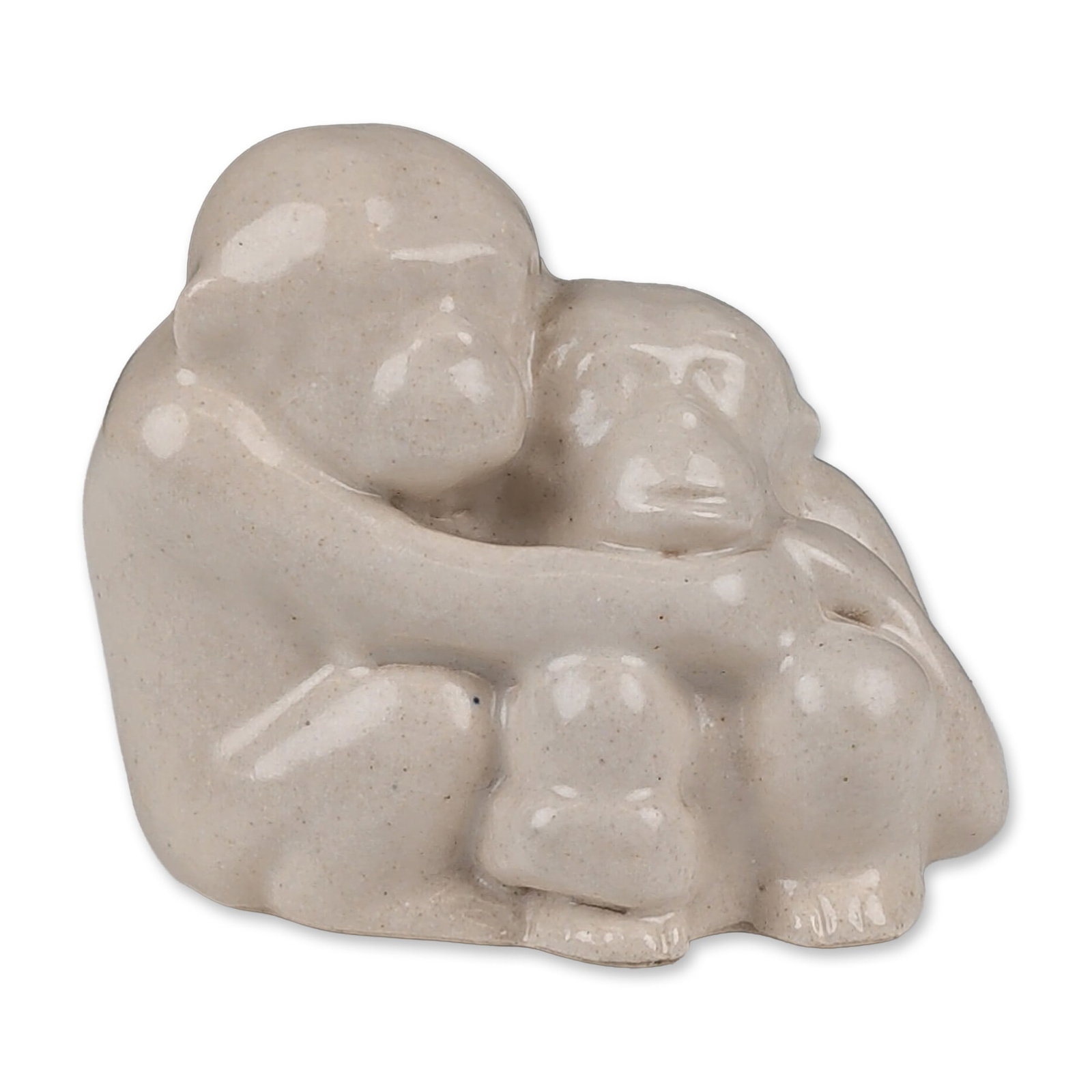 Royal Doulton Lambeth Stoneware Figurine, Monkeys Cuddling: Doulton Lambeth stoneware figure depicting two monkeys seated in a close embrace. Executed in cream-colored stoneware with a finely speckled surface, the sculptural form features a simplified, stylize