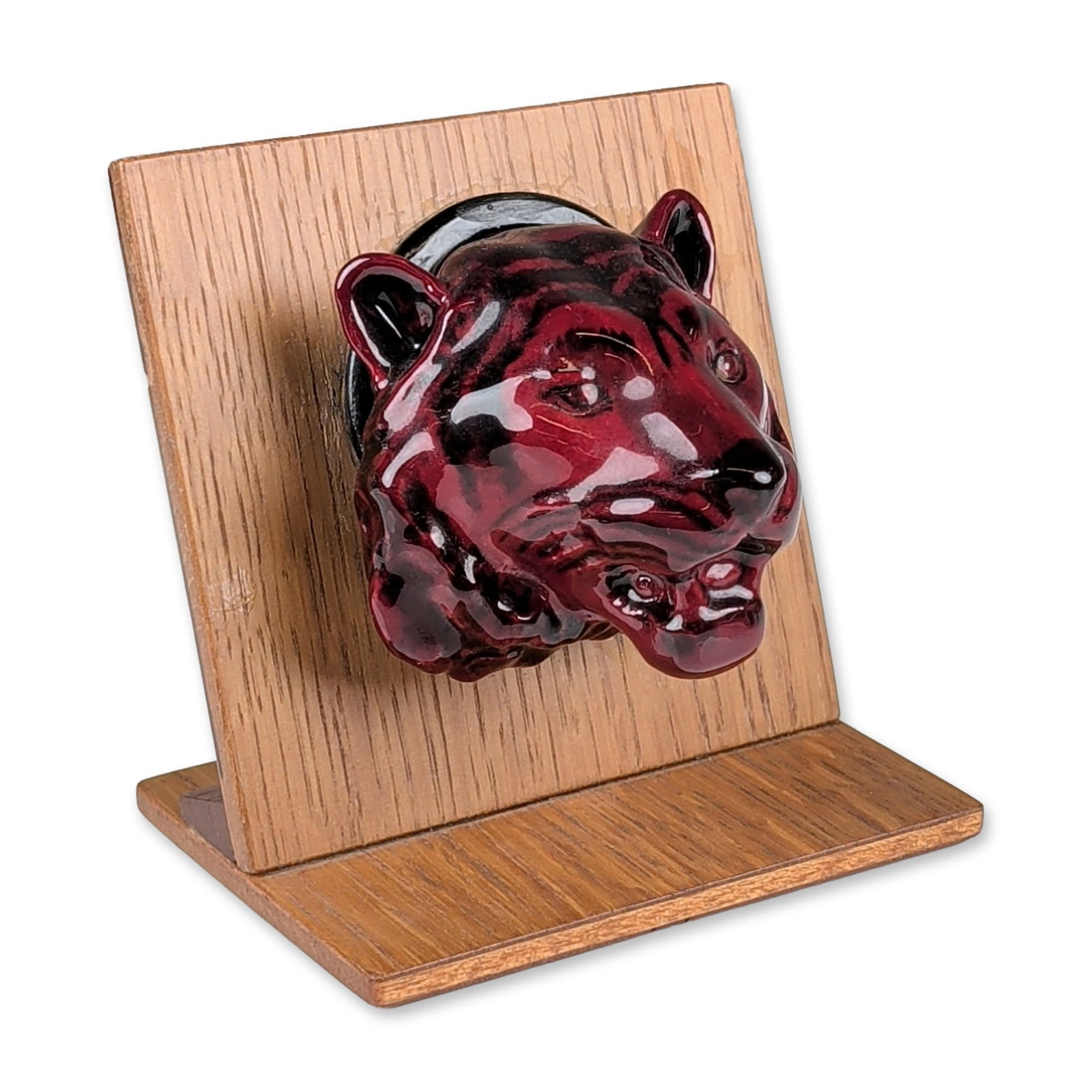 Royal Doulton Flambe Glazed Tiger Head on Wooden Stand (1 of 5)