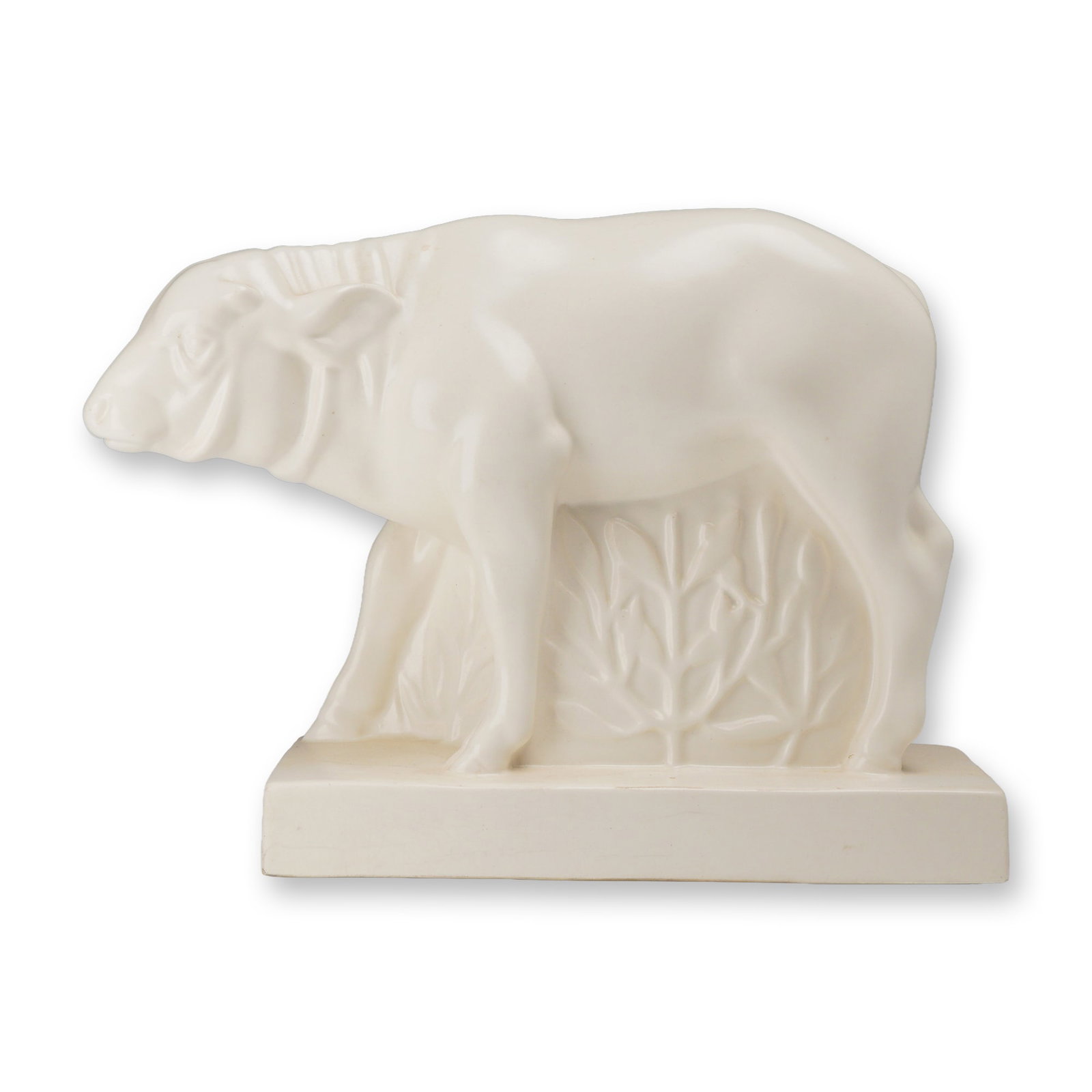 John Skeaping for Wedgwood Creamware Figurine, Buffalo: This modernist glazed ceramic figurine depicts a stylized pig or sow, attributed to the designs of John Skeaping for Wedgwood. The sculpture features the simplified, smooth forms and geometric sensibi