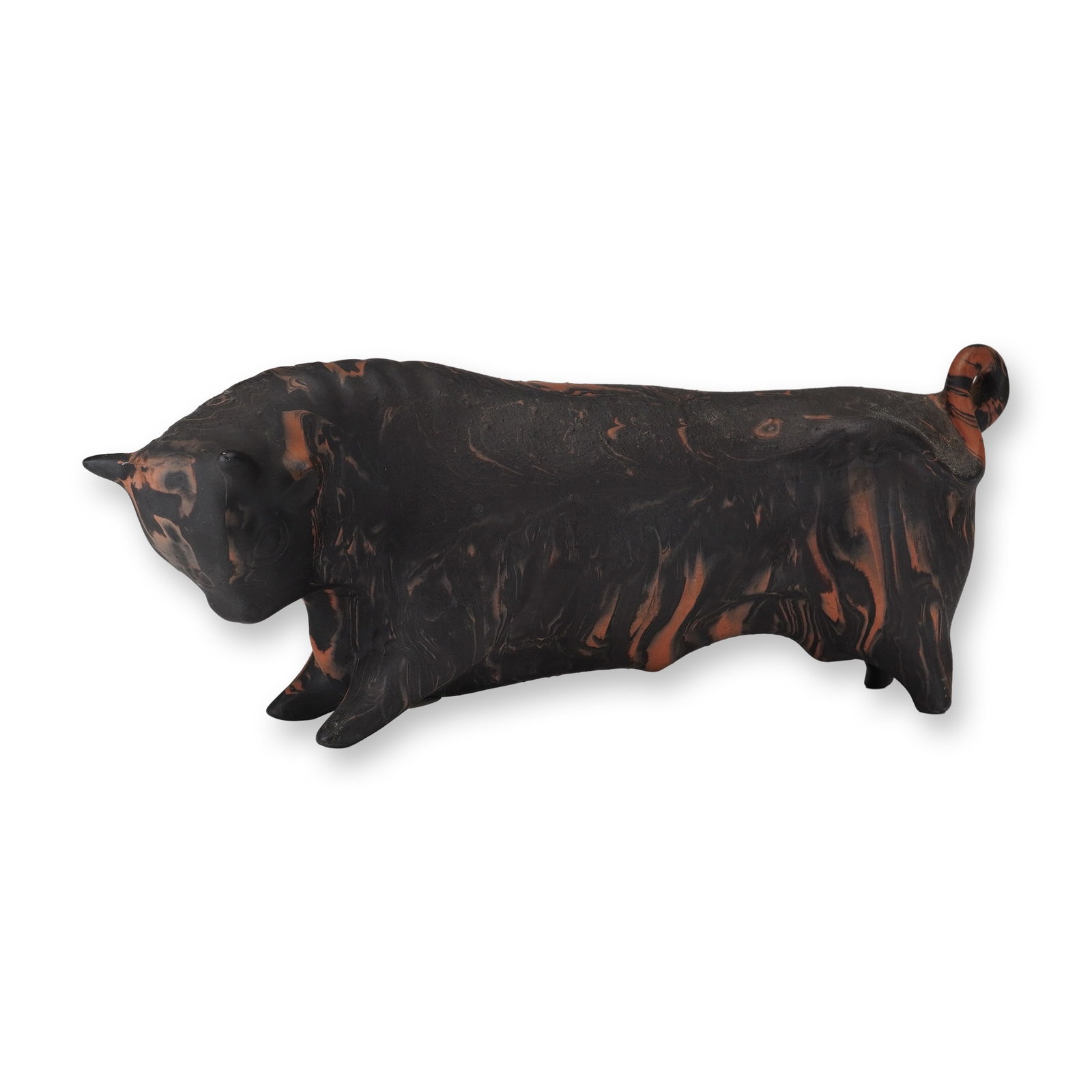 Wedgwood by Arnold Machin Terracotta with Black Basalt Figurine, Taurus the Bull: A stylized ceramic figure titled Taurus the Bull, designed by Arnold Machin for Wedgwood. This figurine is executed in marbled agate ware, featuring a black basalt finish with reddish-orange rust vein
