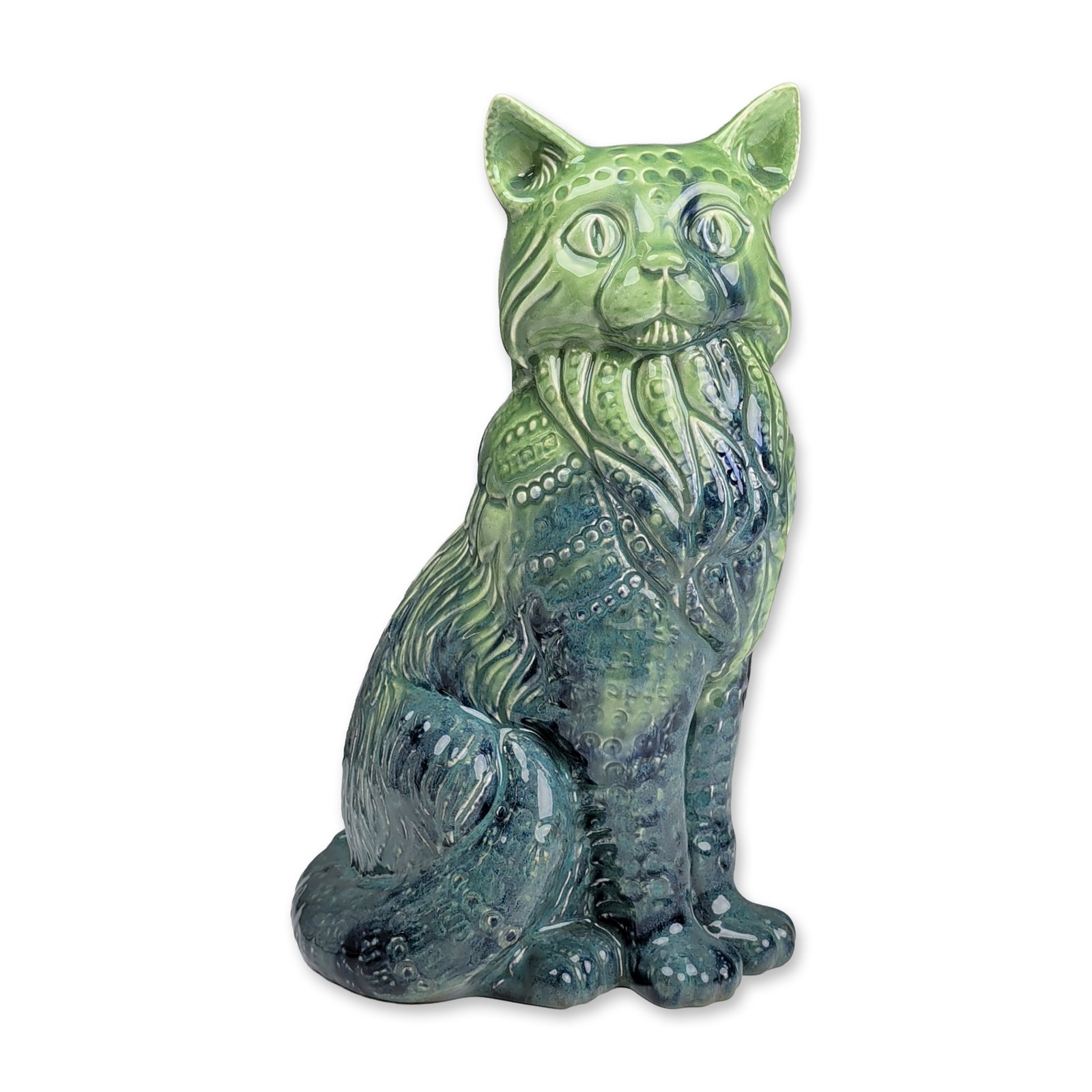 Royal Doulton Prototype Sample Glaze Green and Blue Figurine, Cat Seated - Style Two: Designed by Alan Maslankowski. featuring a textured surface with molded stylized fur and geometric patterns. The figure is finished in a high-gloss mottled glaze transitioning from bright green at the