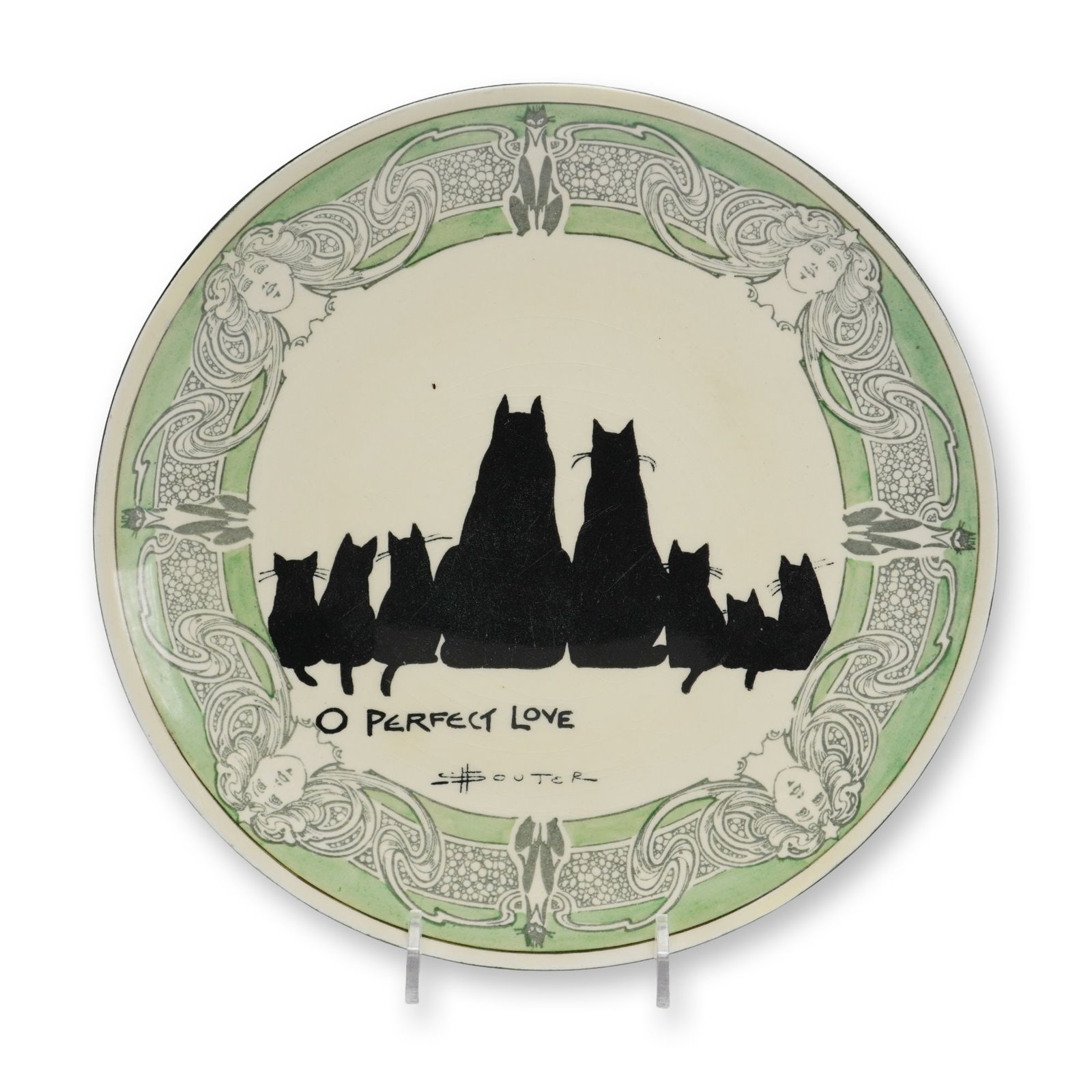 Royal Doulton by David Henry Souter Kateroo Series Ware Plate, O Perfect Love: This earthenware display plate was manufactured by Royal Doulton in England and features designs by Australian illustrator David Henry Souter. The piece is part of the Souter Cats series, also known a