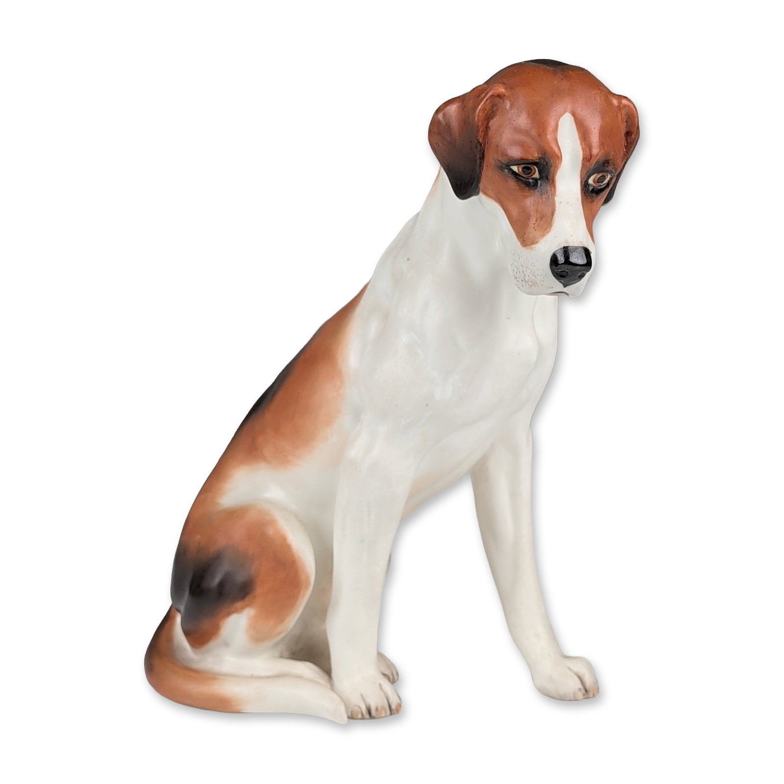 Royal Worcester Seated Foxhound Porcelain Figurine: Royal Worcester seated foxhound figurine in glazed fine bone china, model number 2994. The figure is naturalistically modeled with a tri-color coat in shades of white, tan, and black, featuring an ale