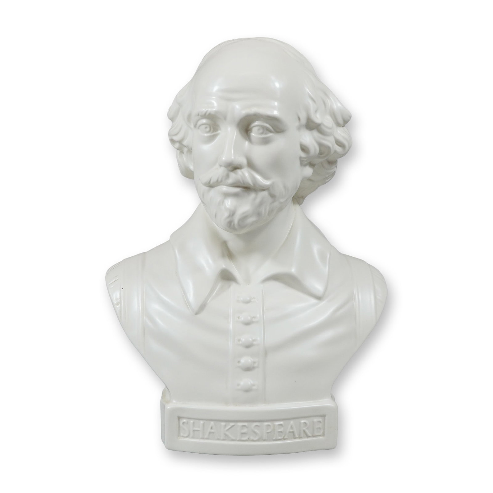 Wedgwood White Glazed Ceramic Portrait Bust of William Shakespeare: This Wedgwood ceramic portrait bust depicts William Shakespeare. The subject is modeled with a receding hairline, mustache, and goatee, wearing a collared doublet with seven buttons down the center. T