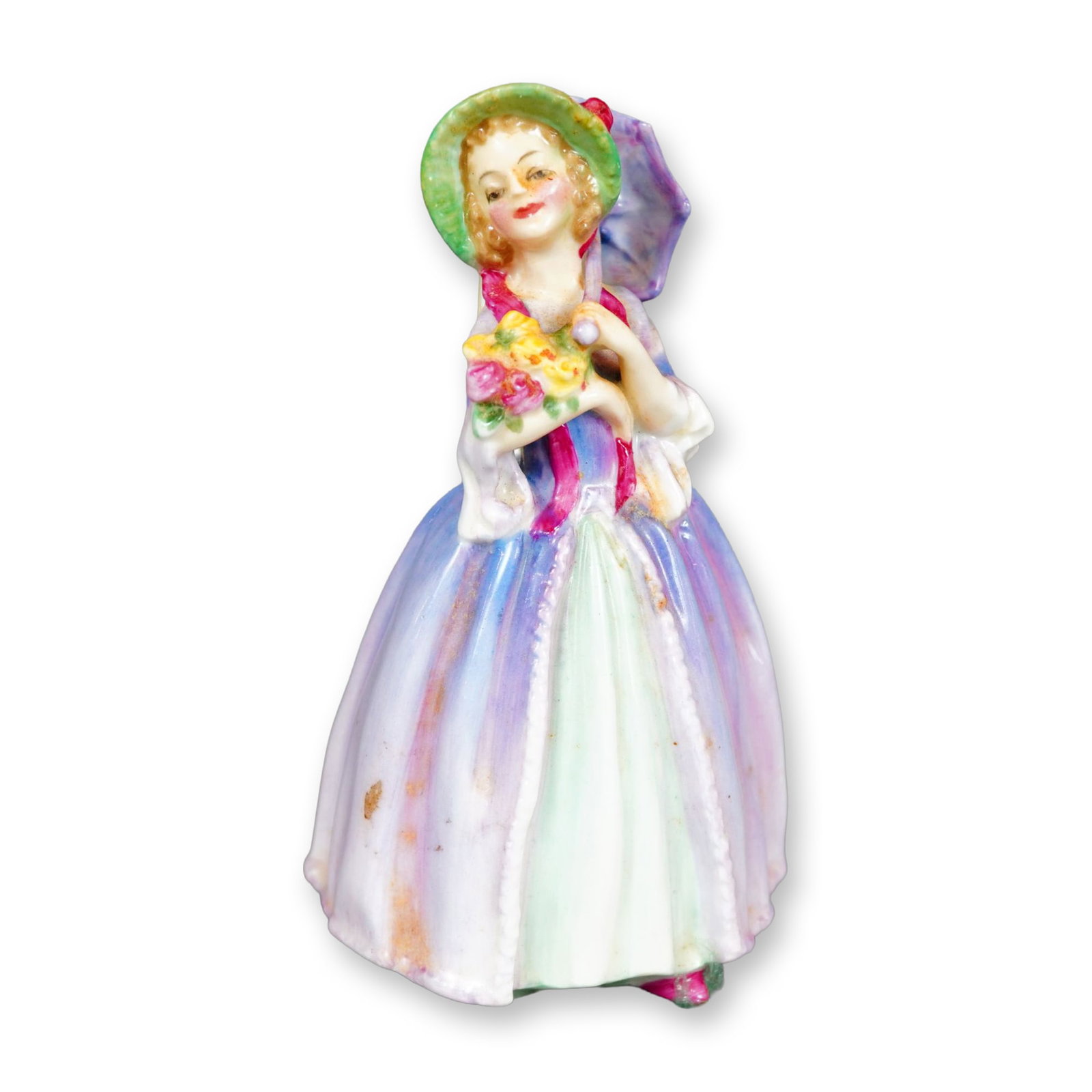 Royal Doulton Bone China Figurine, June M71: Hand painted figure of a young woman in a pink-purple gown with green accents, and a green bonnet. She is shown holding pink and yellow flowers, and purple umbrella. Royal Doulton backstamp. Dimension